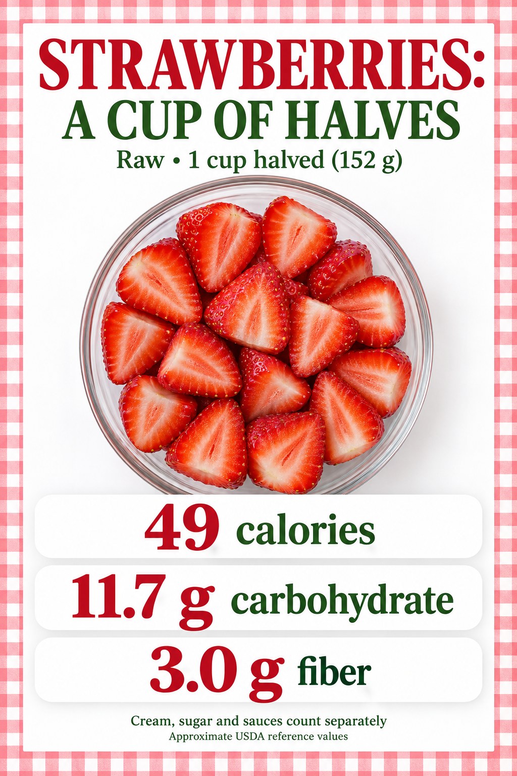 Raw strawberry nutrition card showing 49 calories, 11.7 g carbohydrate, and 3.0 g fiber per cup of halves weighing 152 g.
