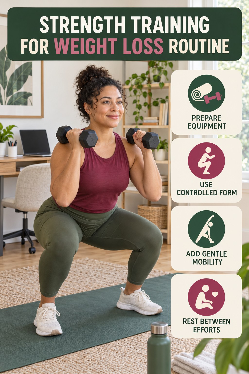 Strength and Mobility Routine for Strength Training for Weight Loss with four readable routine cues and a realistic board-relevant wellness scene.