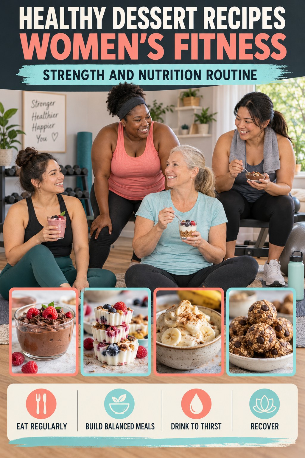 Healthy Dessert Recipes women’s fitness graphic titled Strength and Nutrition Routine with four practical training prompts.