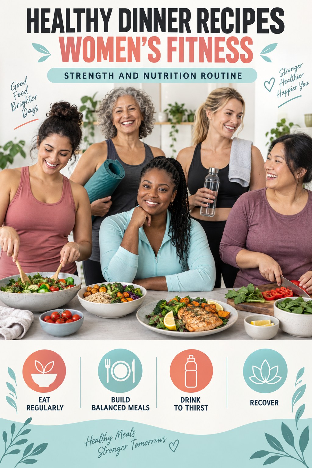 Healthy Dinner Recipes women’s fitness graphic titled Strength and Nutrition Routine with four practical training prompts.
