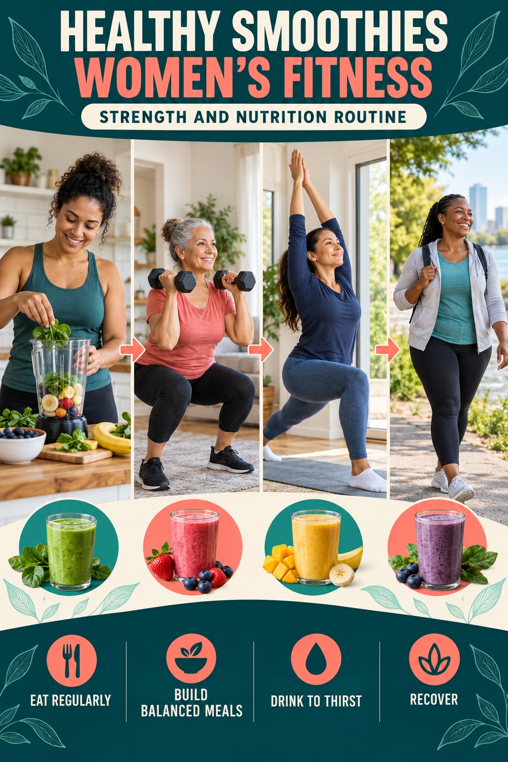Healthy Smoothies women’s fitness graphic titled Strength and Nutrition Routine with four practical training prompts.