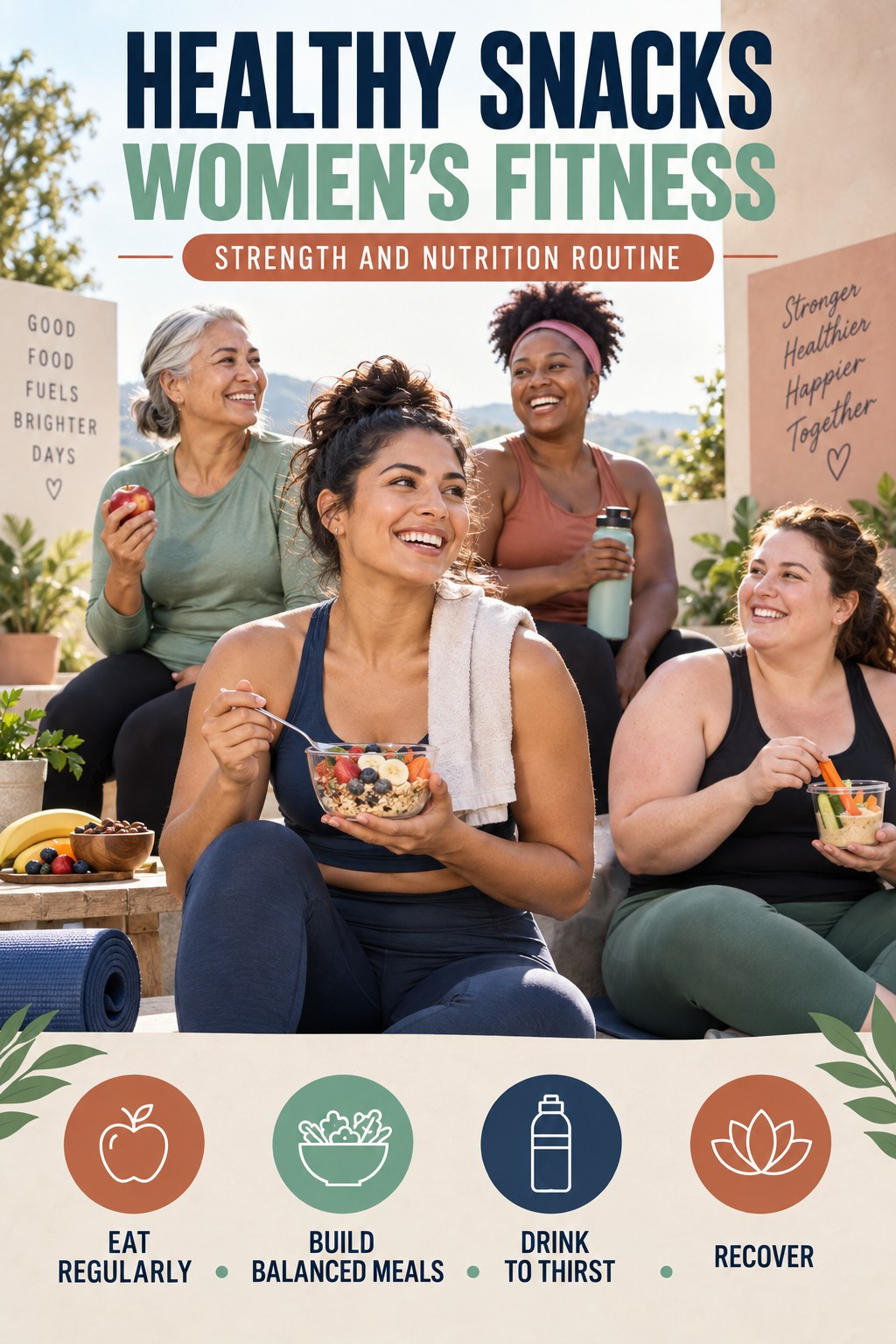 Healthy Snacks women’s fitness graphic titled Strength and Nutrition Routine with four practical training prompts.