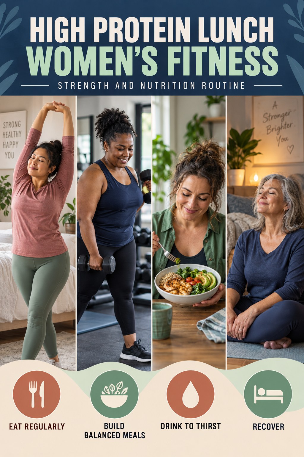High Protein Lunch women’s fitness graphic titled Strength and Nutrition Routine with four practical training prompts.