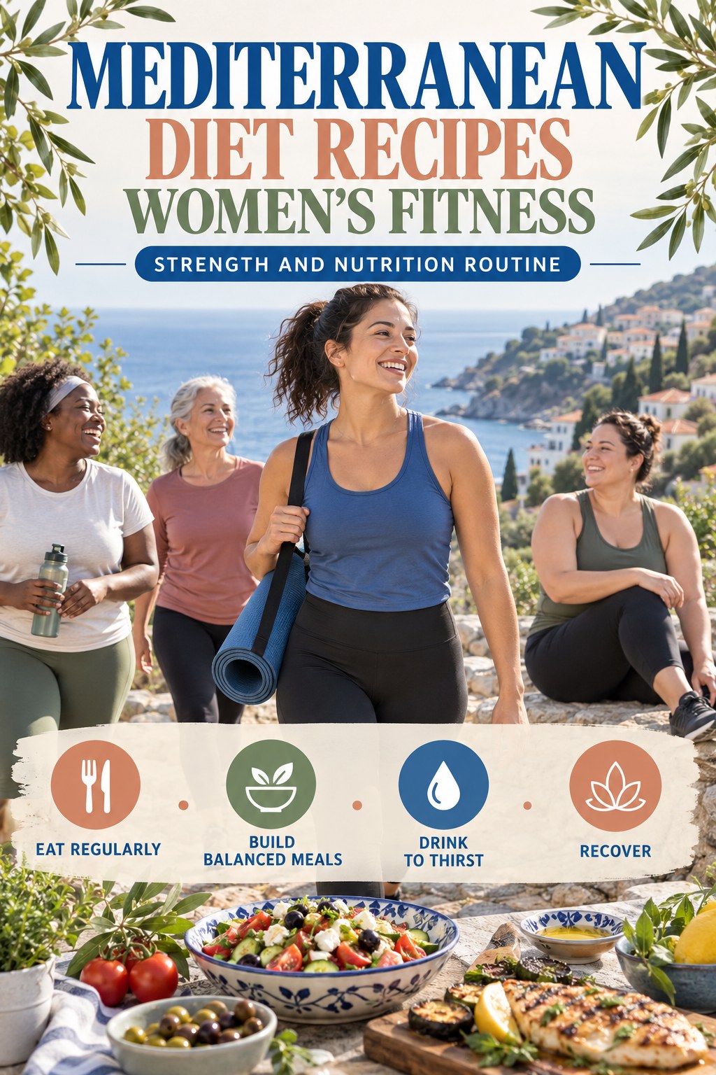 Mediterranean Diet Recipes women’s fitness graphic titled Strength and Nutrition Routine with four practical training prompts.