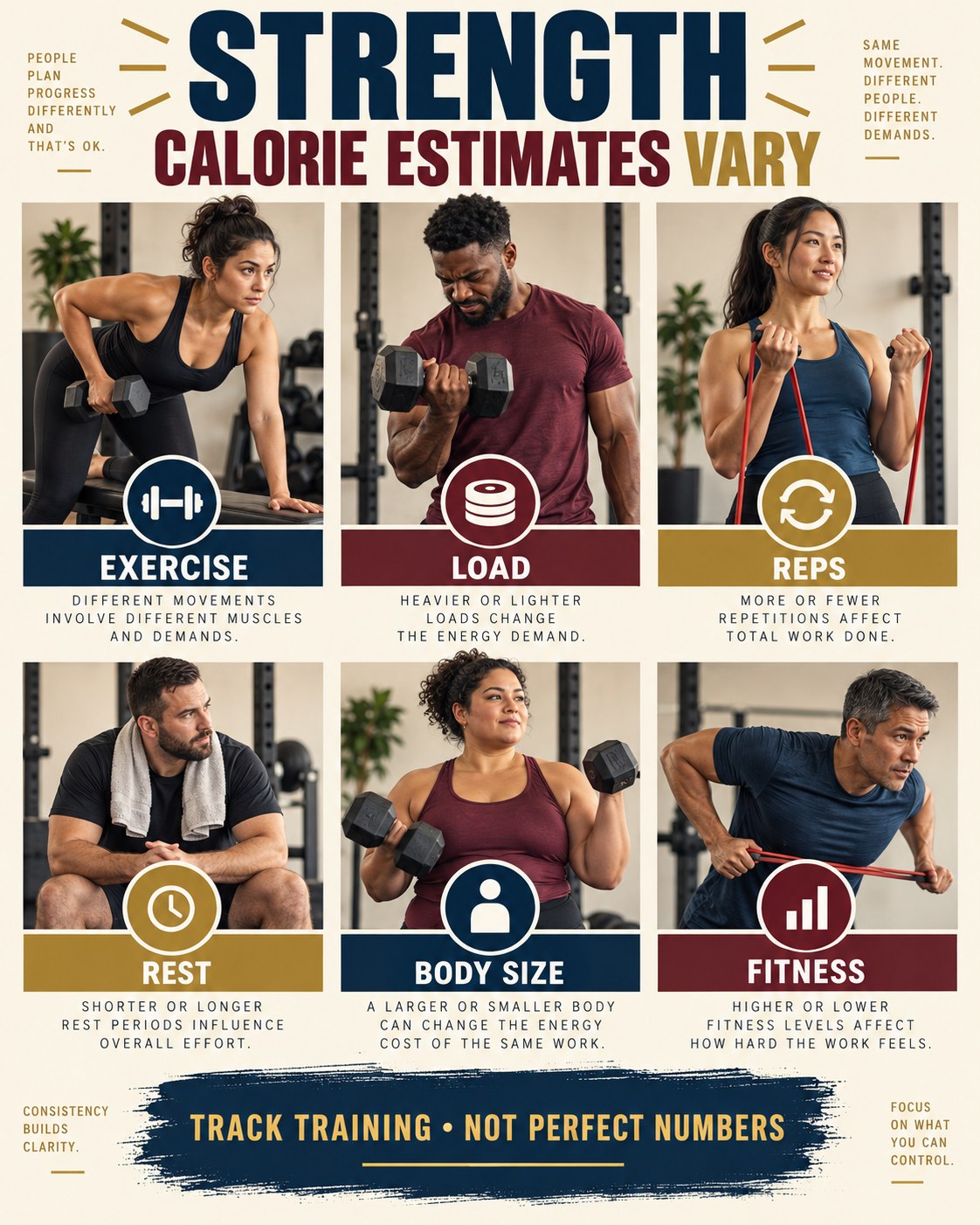 Strength training infographic showing exercise, load, repetitions, rest, body size and fitness as calorie-estimate factors