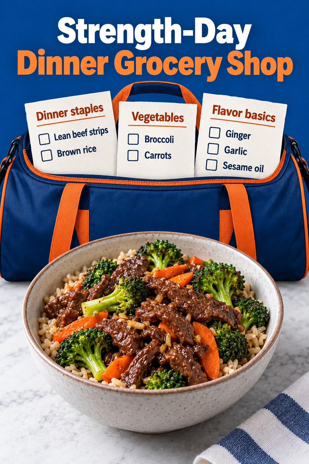 Cobalt duffel-shaped grocery checklist listing beef strips, brown rice, broccoli, carrots, ginger, garlic and sesame oil.