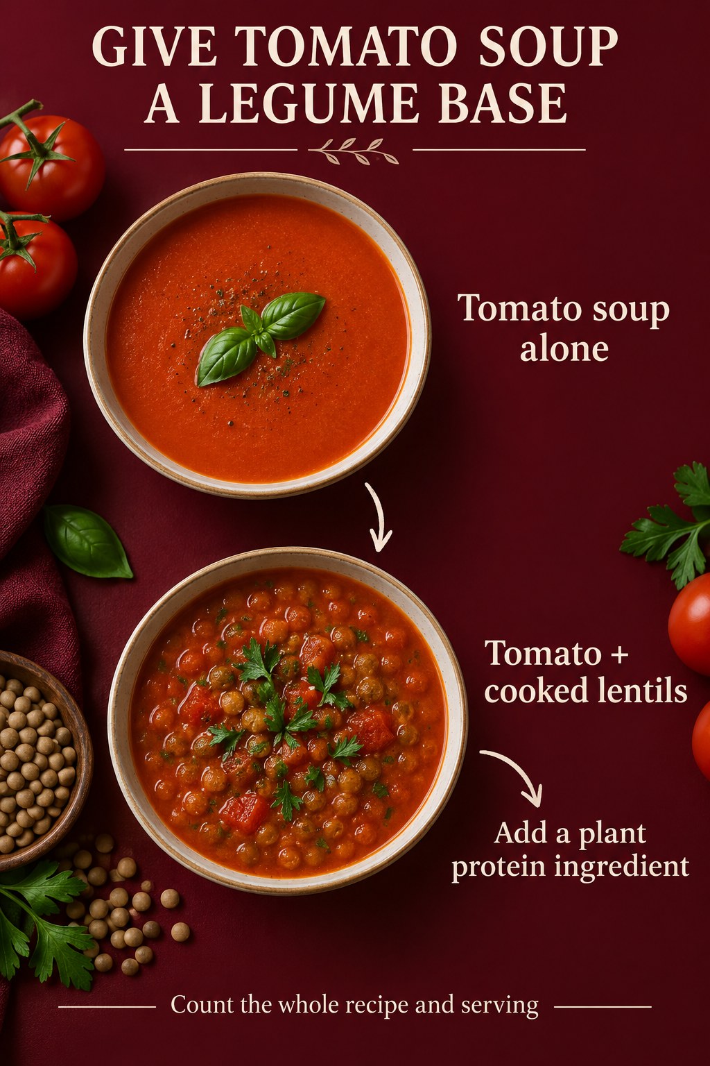 Smooth tomato soup compared with tomato soup containing cooked lentils, highlighting a plant protein ingredient.