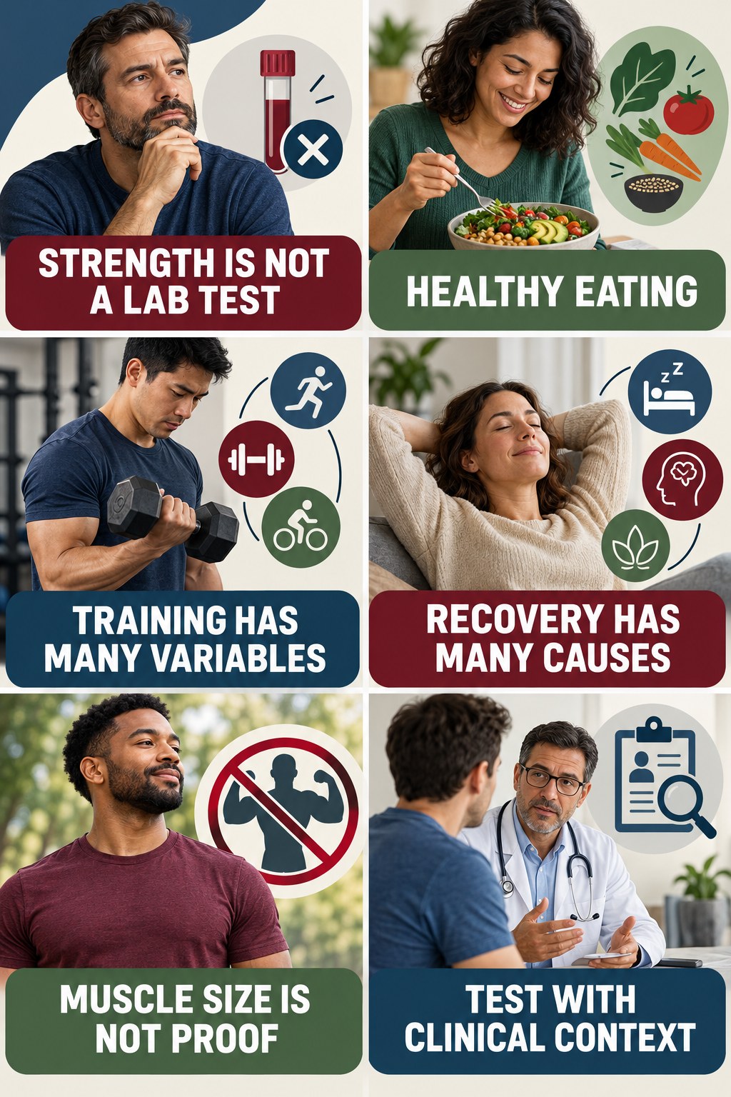 Strength Is Not a Testosterone Diagnosis testosterone-health-awareness infographic for Healthy Eating with four concise educational checks.