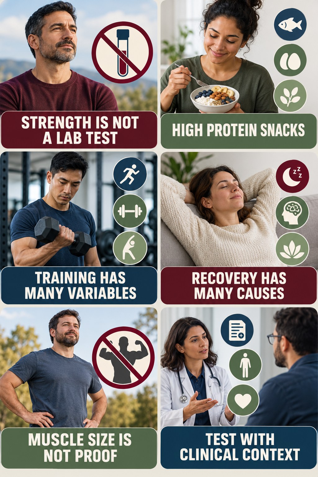 Strength Is Not a Testosterone Diagnosis testosterone-health-awareness infographic for High Protein Snacks with four concise educational checks.