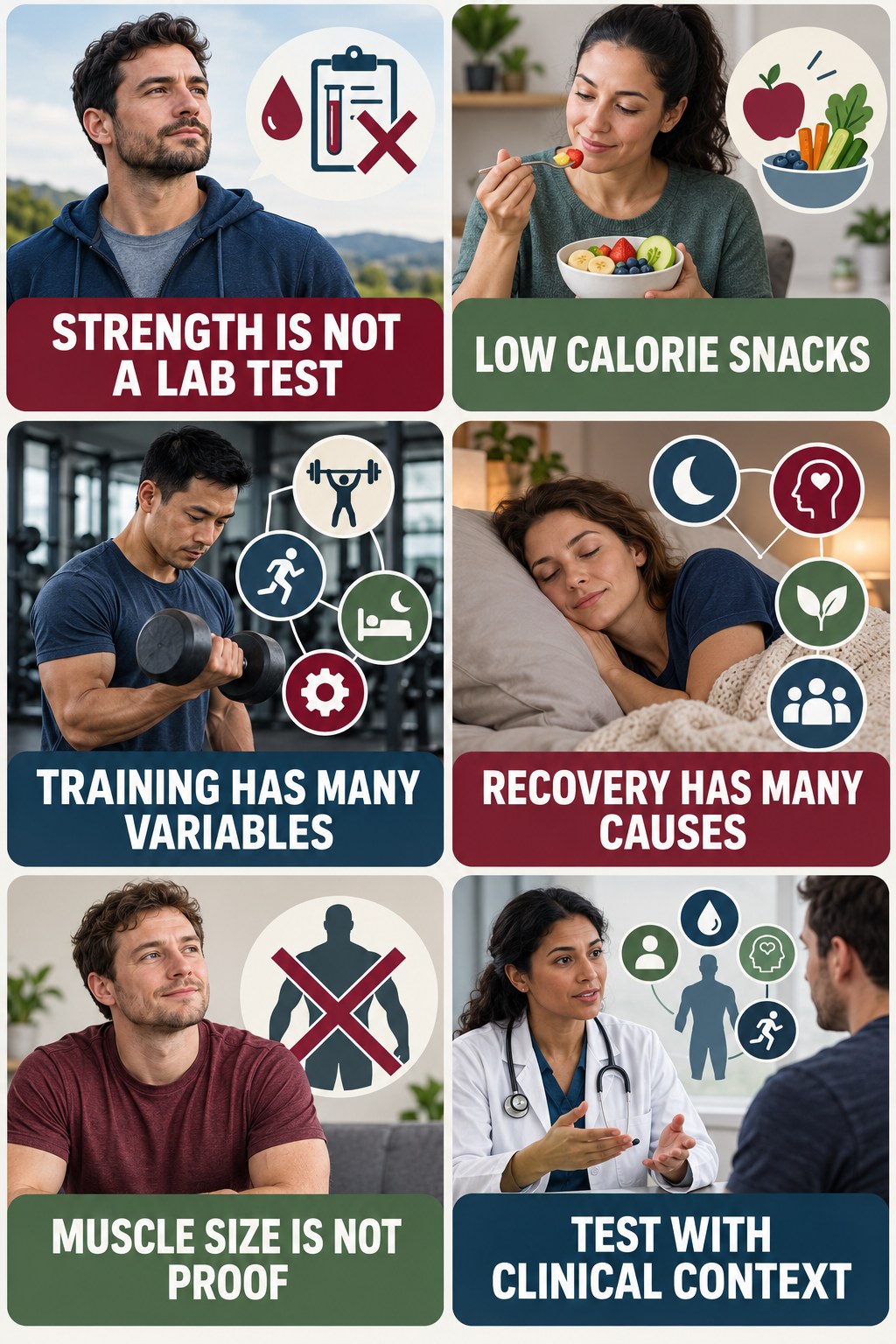 Strength Is Not a Testosterone Diagnosis testosterone-health-awareness infographic for Low Calorie Snacks with four concise educational checks.