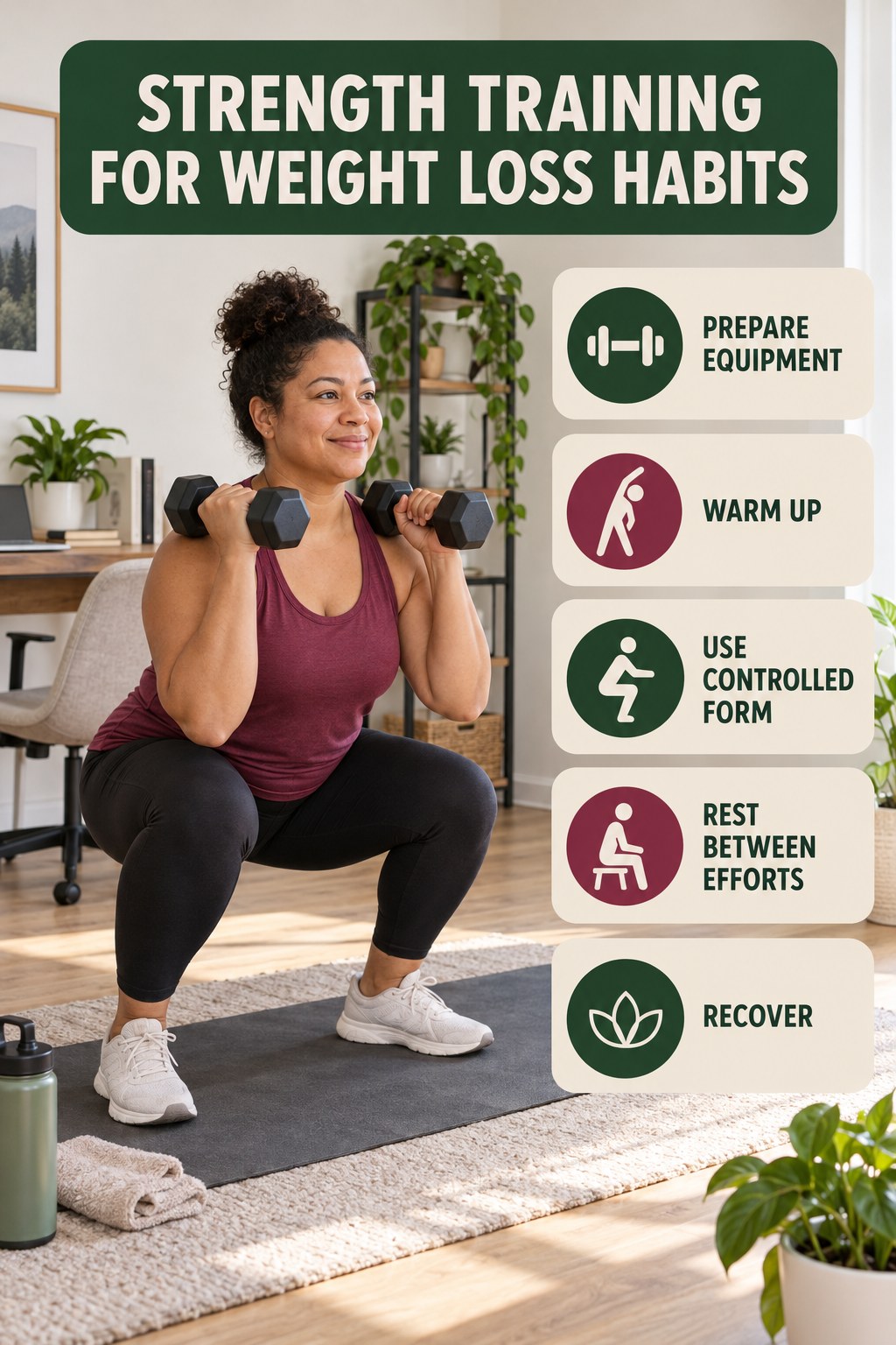Strength Practice Habits for Strength Training for Weight Loss with five readable habit cues and a realistic board-relevant wellness scene.