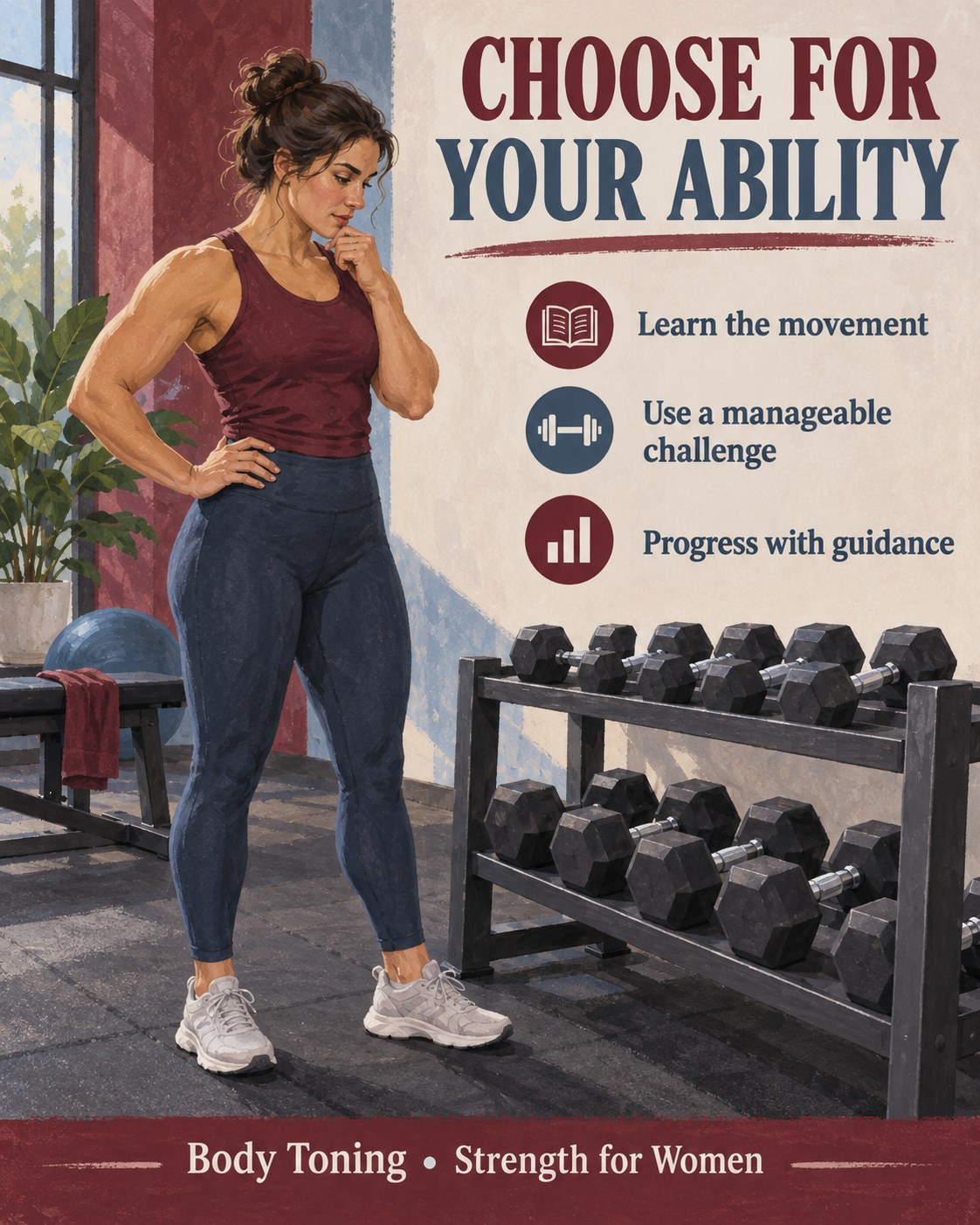 A woman comparing two dumbbells on a rack with guidance to choose resistance according to ability and control.