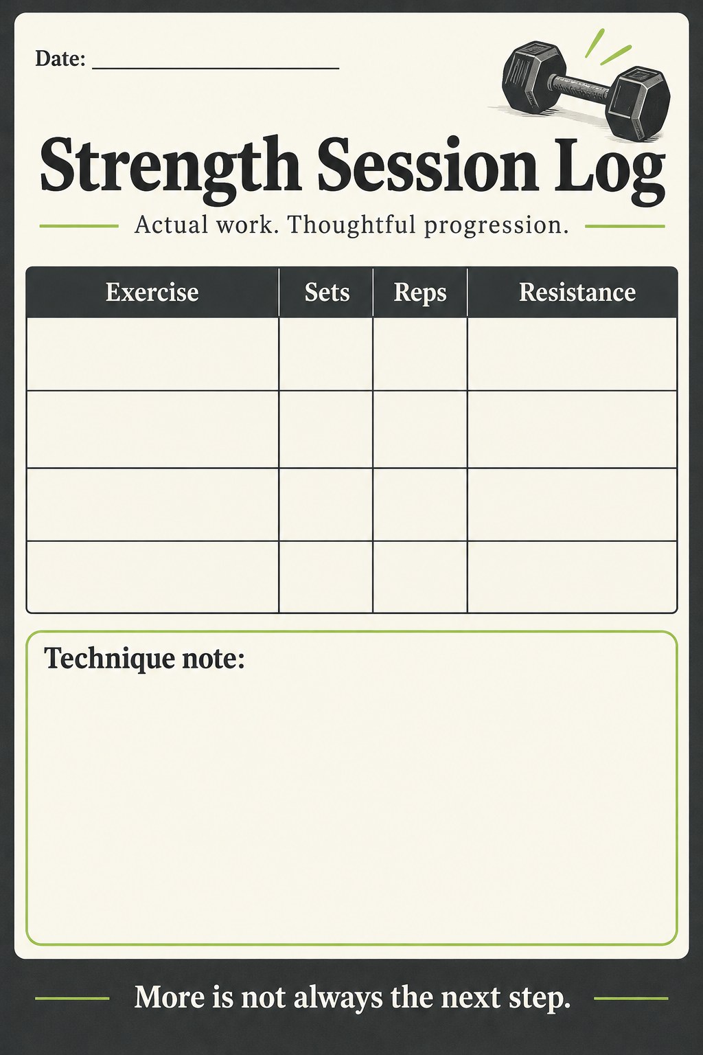 Blank strength session log with exercise, sets, reps, resistance, and technique-note fields.