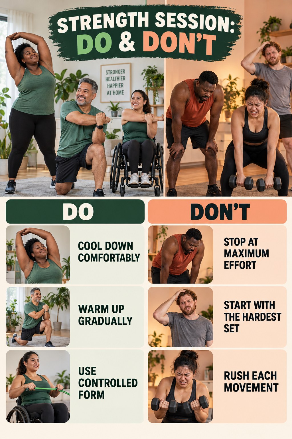 Home Workouts for Weight Loss Do and Don’t comparison graphic showing three practical behavior pairs for strength session.