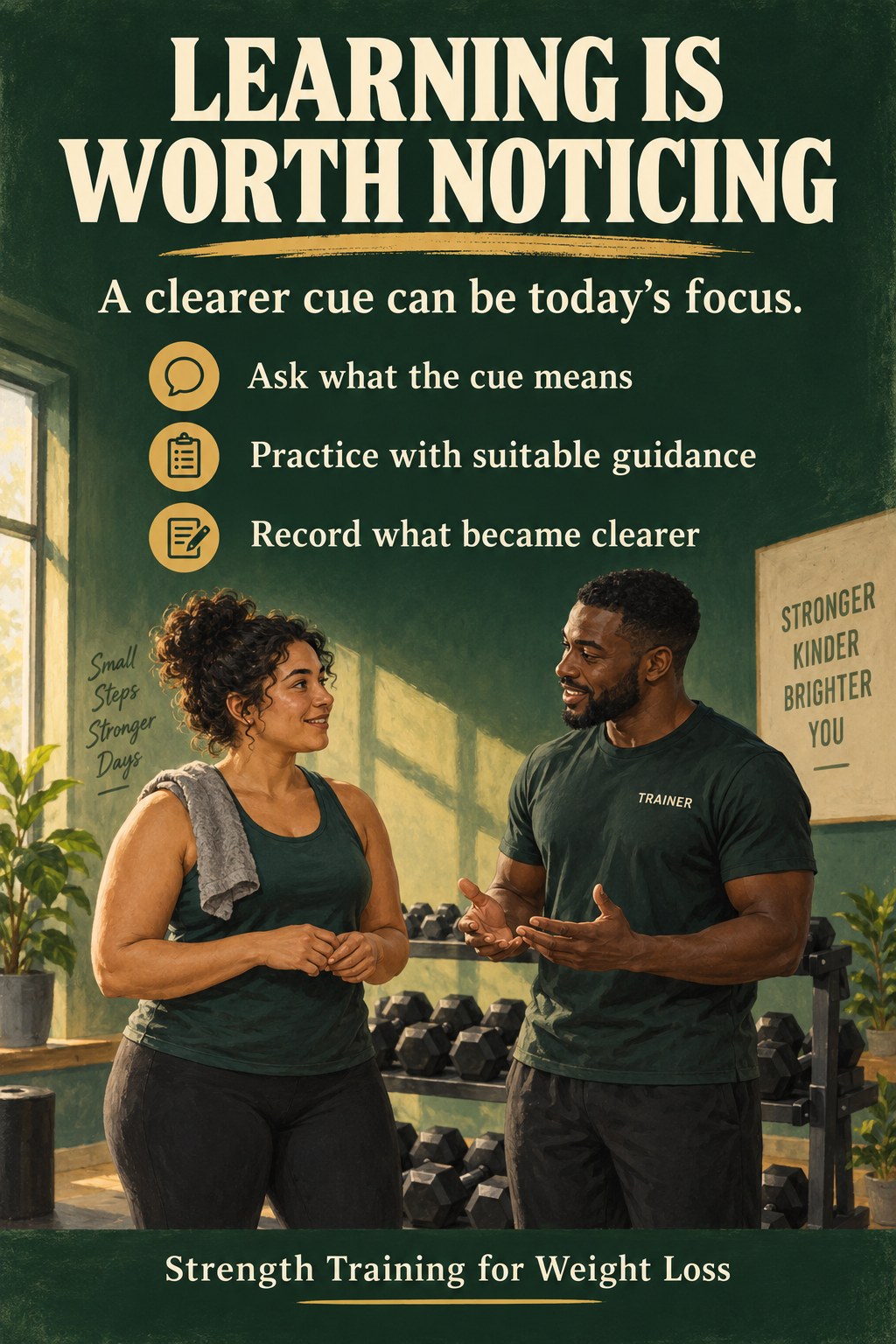 Illustration of an adult and trainer discussing a simple exercise cue beside safely stored dumbbells