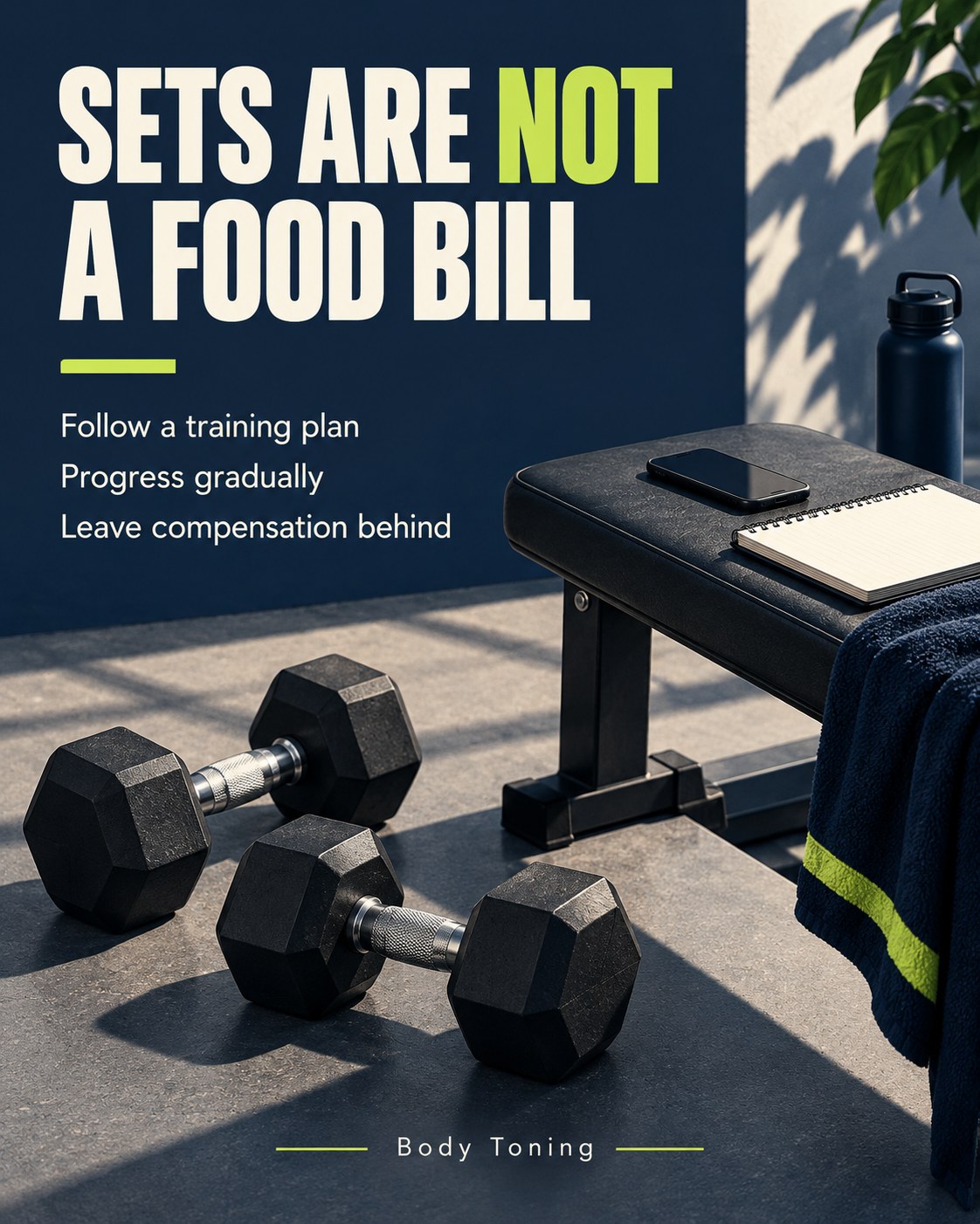 A closed phone beside dumbbells and an open blank training notebook with a reminder that food is not exercise debt.