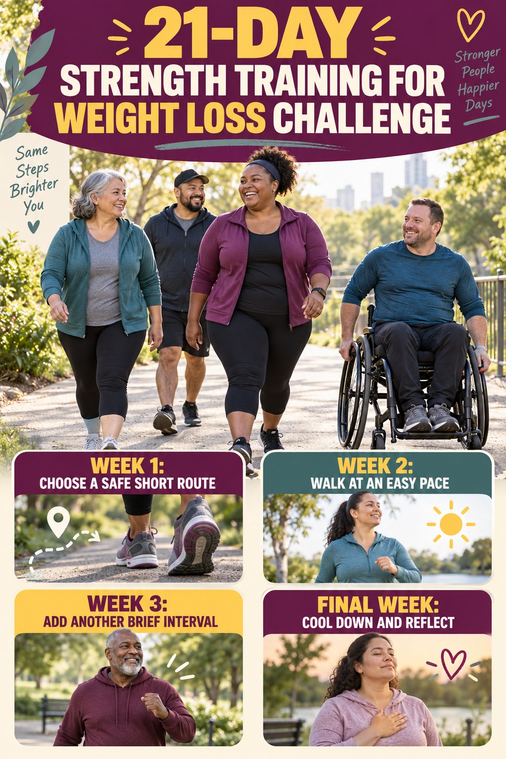 21-day Strength Training for Weight Loss challenge graphic showing four manageable milestones for consistent practice.