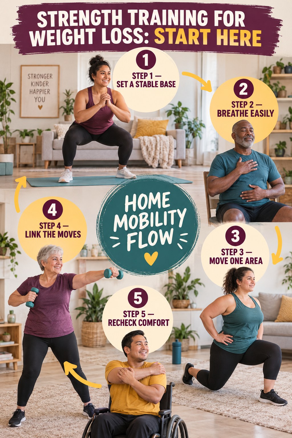 Strength Training for Weight Loss beginner guide graphic showing five manageable stages for home mobility flow.