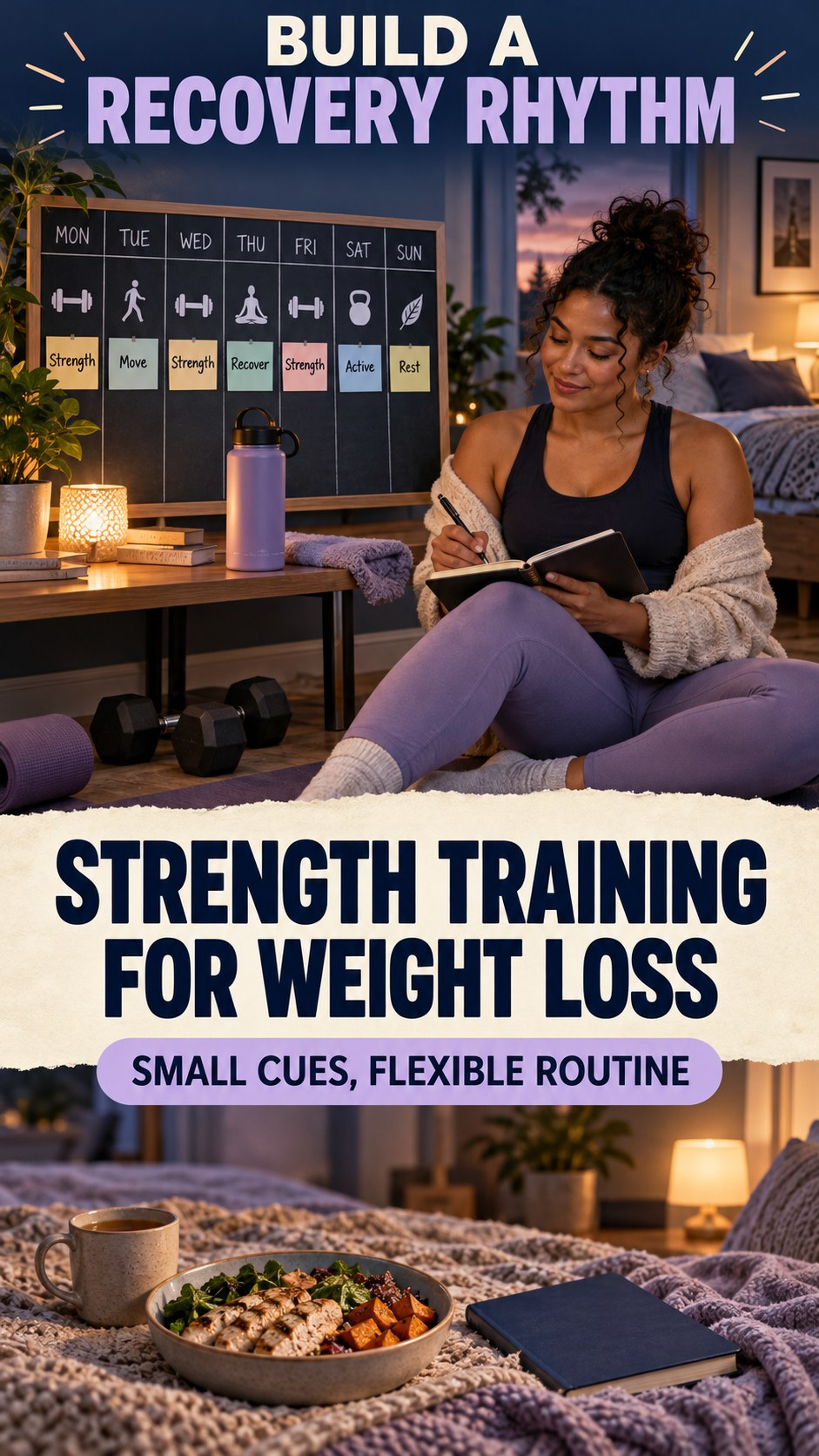 Consistent Recovery Schedule infographic for Strength Training for Weight Loss, showing a flexible and calming evening wellness routine.