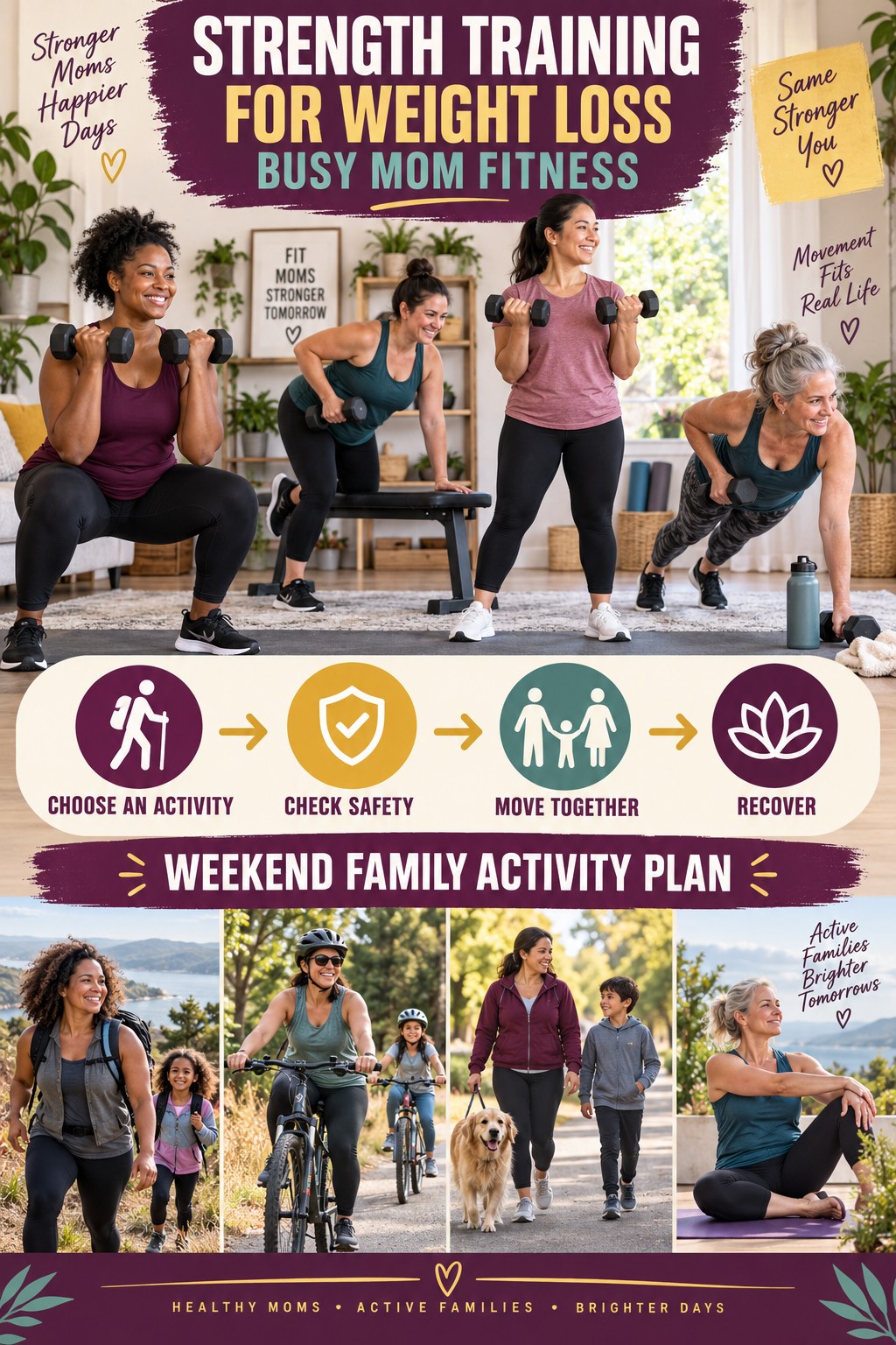 Strength Training for Weight Loss busy-mom fitness graphic titled Weekend Family Activity Plan with four practical movement prompts.