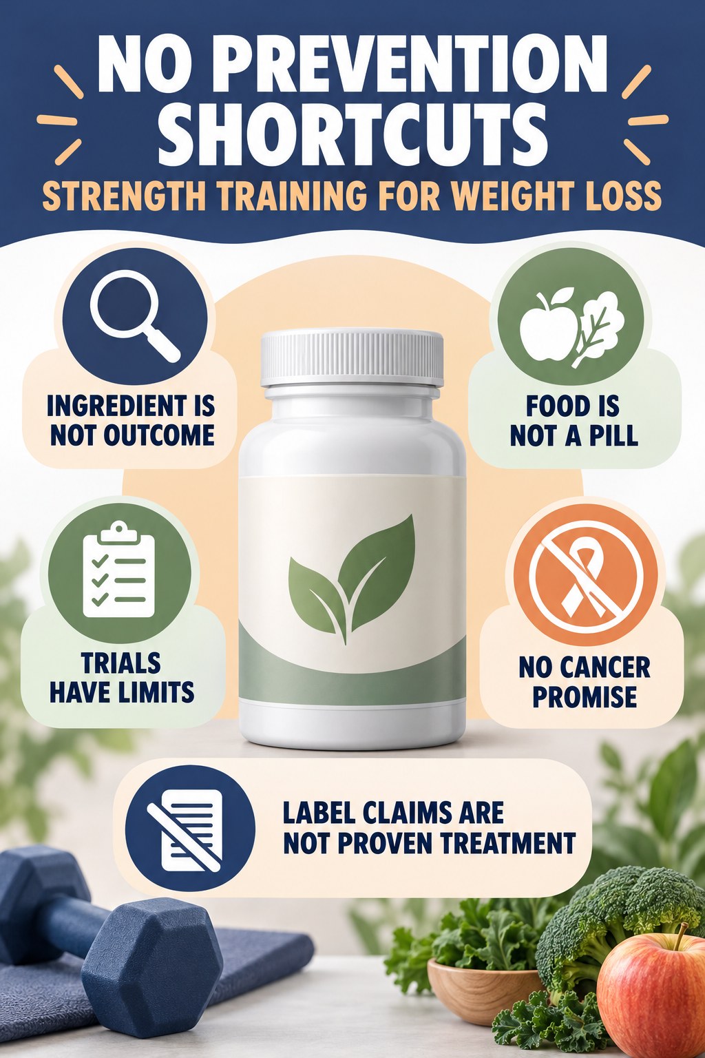 Cancer-Prevention Claims Need Strong Evidence prostate supplement label-literacy infographic for Strength Training for Weight Loss with four careful reading points.