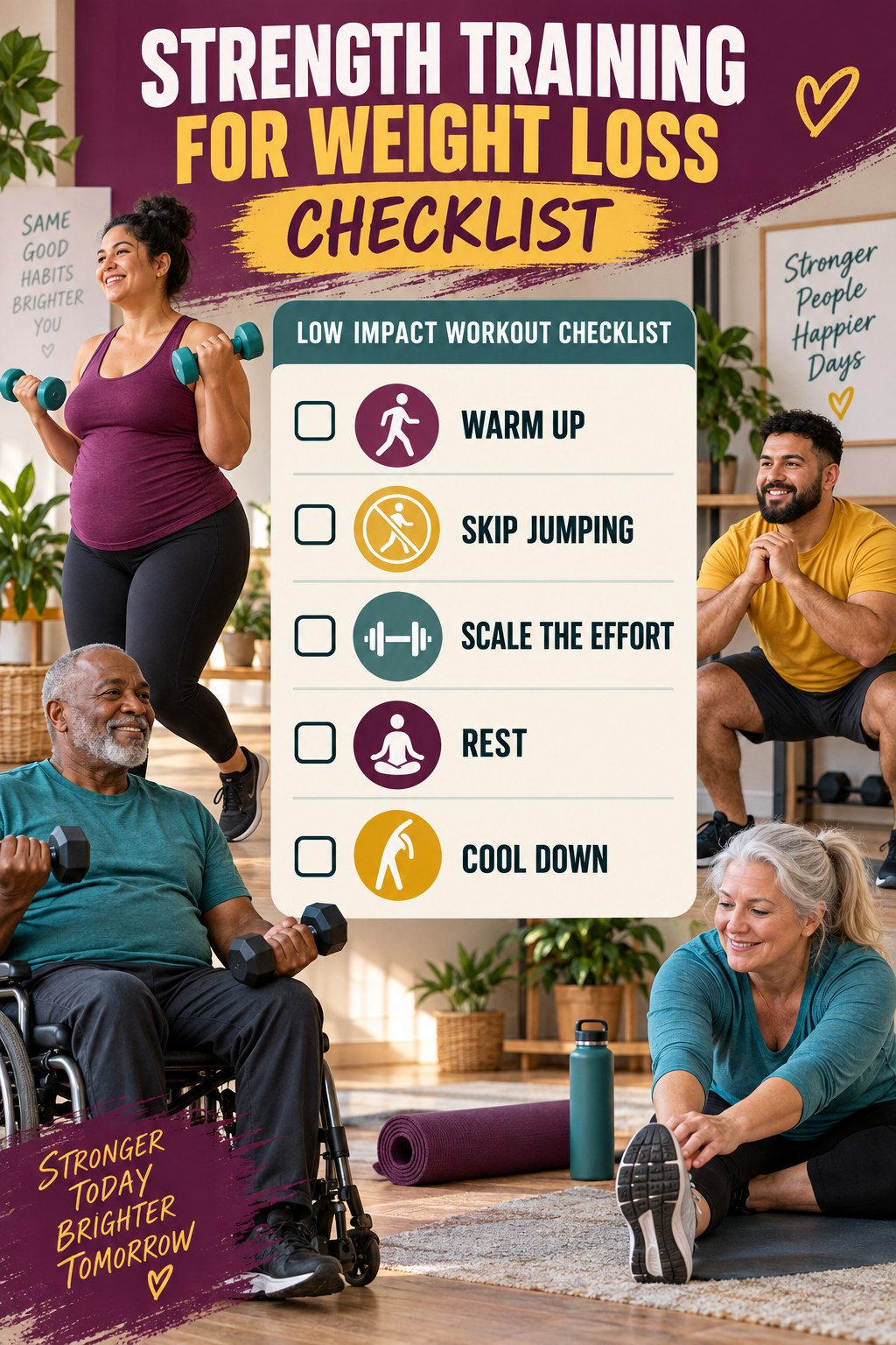 Strength Training for Weight Loss checklist graphic titled Low-Impact Workout Checklist with five clear practical wellness items.
