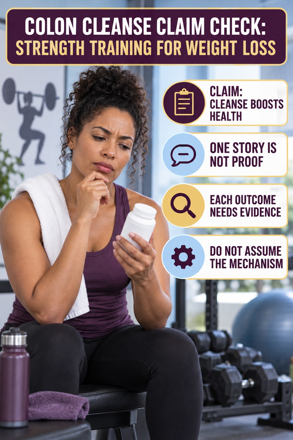 Skin, Energy, and Immunity Claims infographic for Strength Training for Weight Loss, separating a colon-cleanse marketing claim from evidence, reasonable conclusions, and safety context.