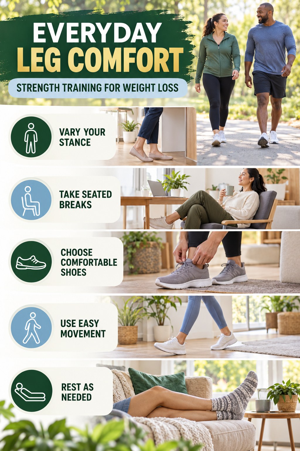 Comfort After a Day on Your Feet infographic for Strength Training for Weight Loss with five gentle movement, position, footwear, recovery, or safety actions.