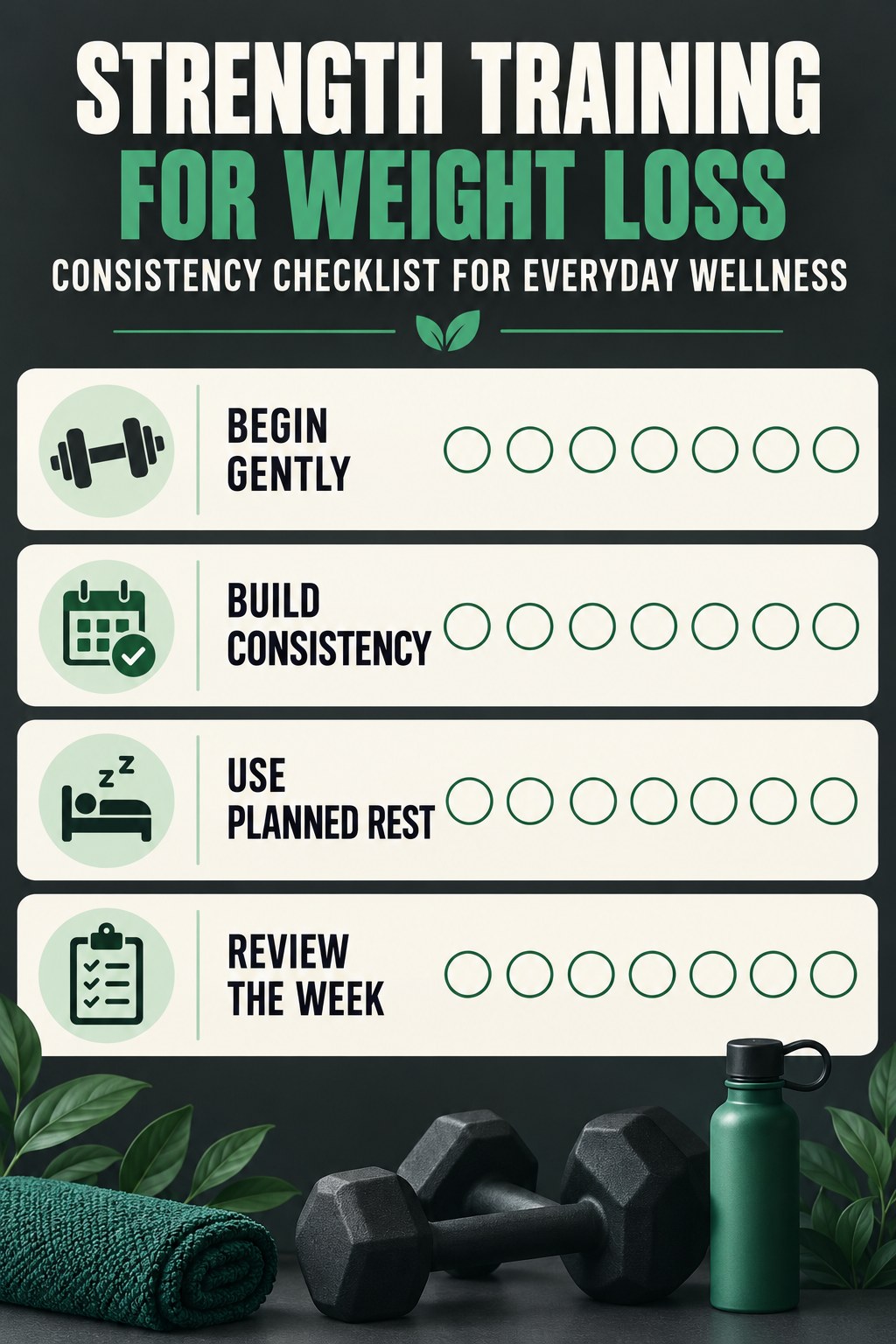 Strength Training for Weight Loss Consistency Checklist for Everyday Wellness infographic with checkboxes for begin gently, build consistency, use planned rest, review the week.