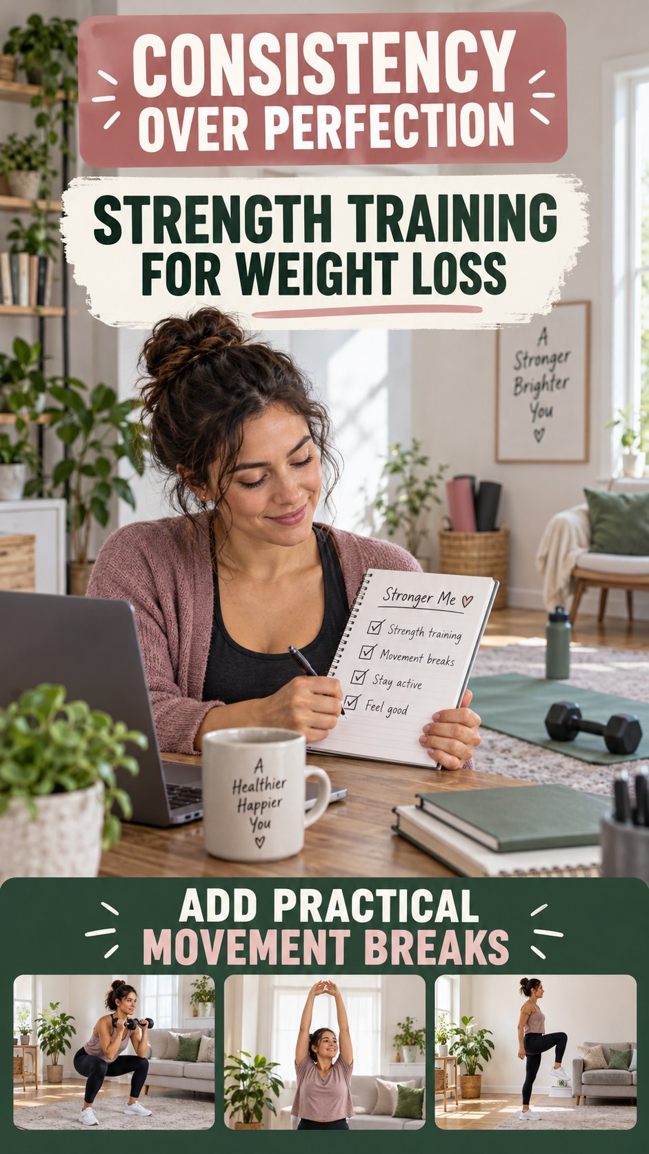 Movement Break Routine infographic for Strength Training for Weight Loss, showing practical metabolism-support habits for an active lifestyle.
