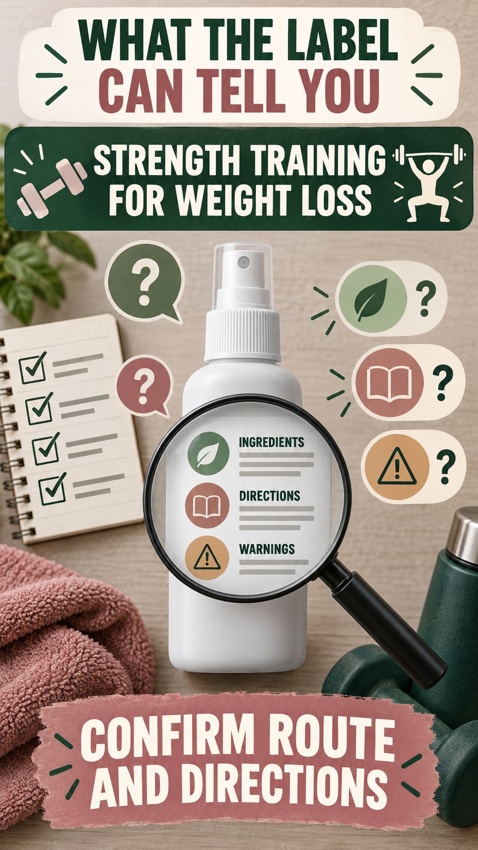 Directions and Route Review infographic for Strength Training for Weight Loss, showing a generic spray-label checklist that separates available facts, missing details, and evidence questions.