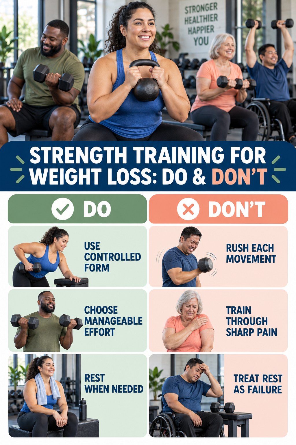 Strength Training for Weight Loss Do and Don’t comparison graphic showing three practical behavior pairs for recovery-aware fitness.