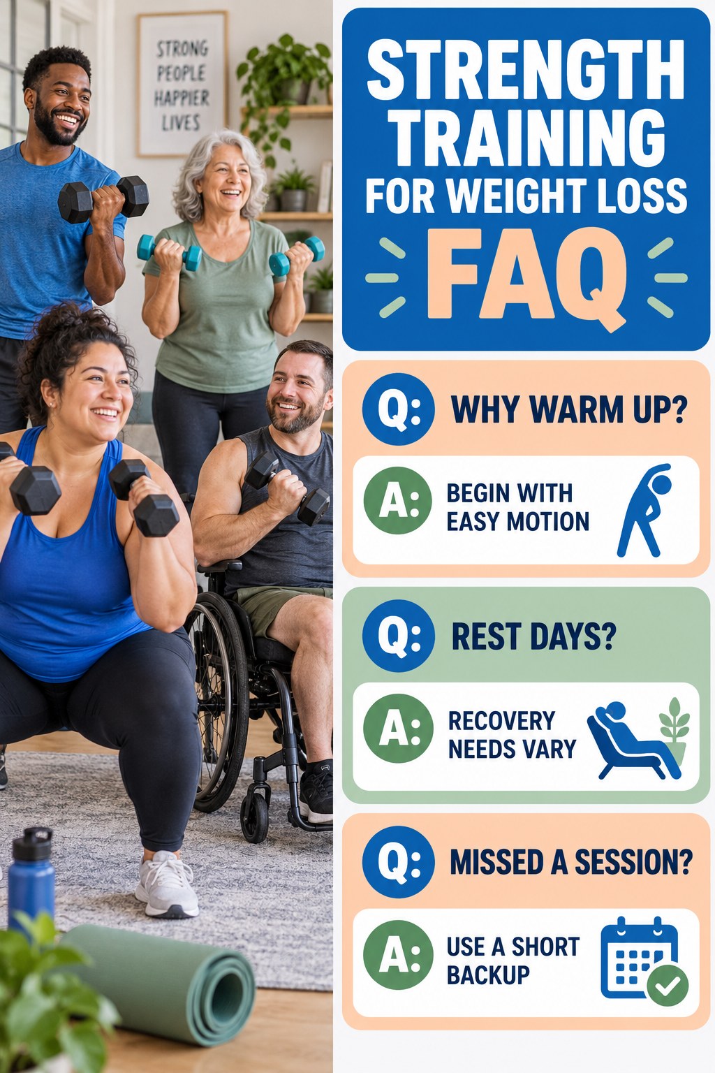 Strength Training for Weight Loss FAQ graphic with three concise questions and practical answers for beginners.
