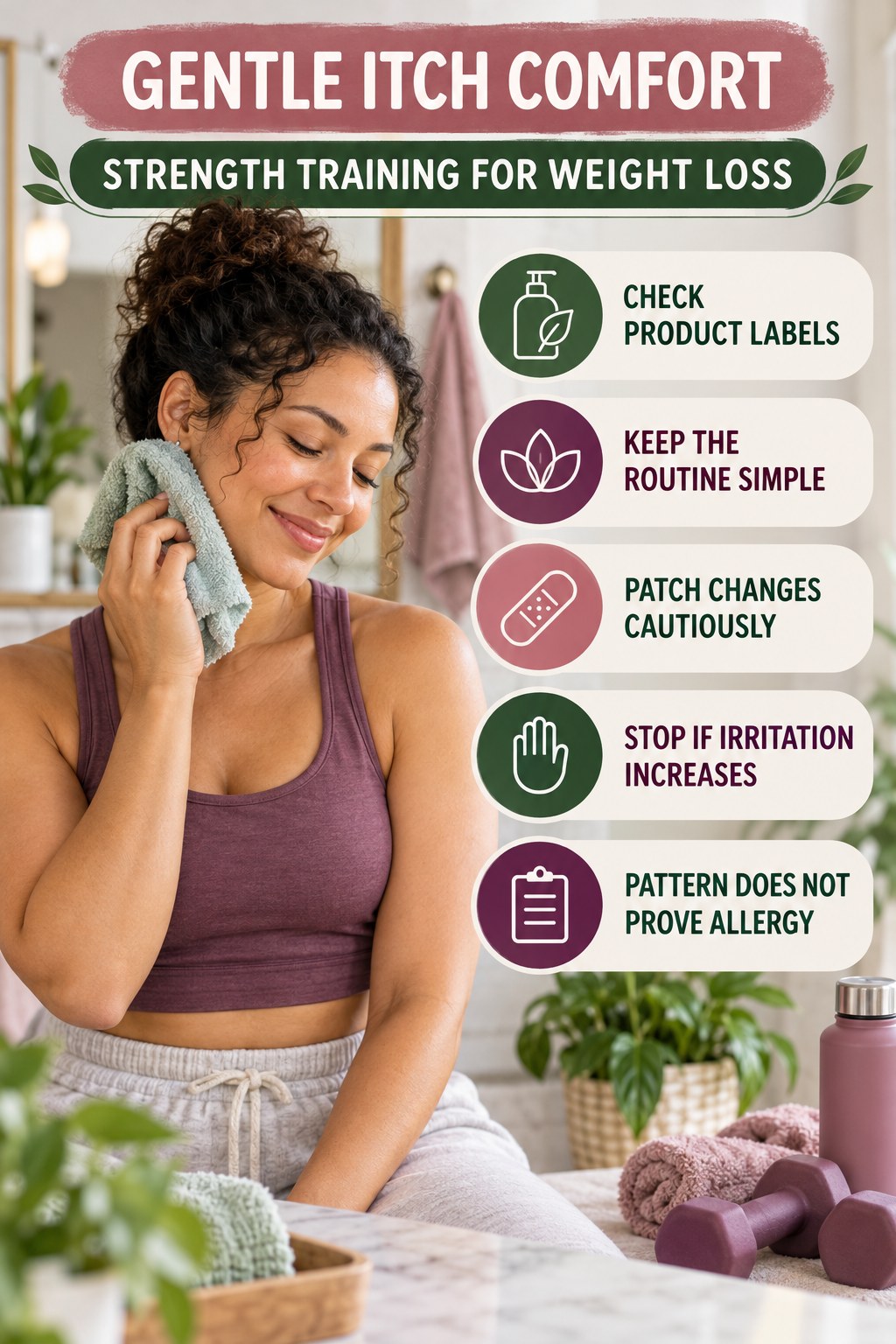 Fragrance-Free Awareness infographic for Strength Training for Weight Loss with five gentle itchy-skin comfort strategies and a non-diagnostic safety focus.