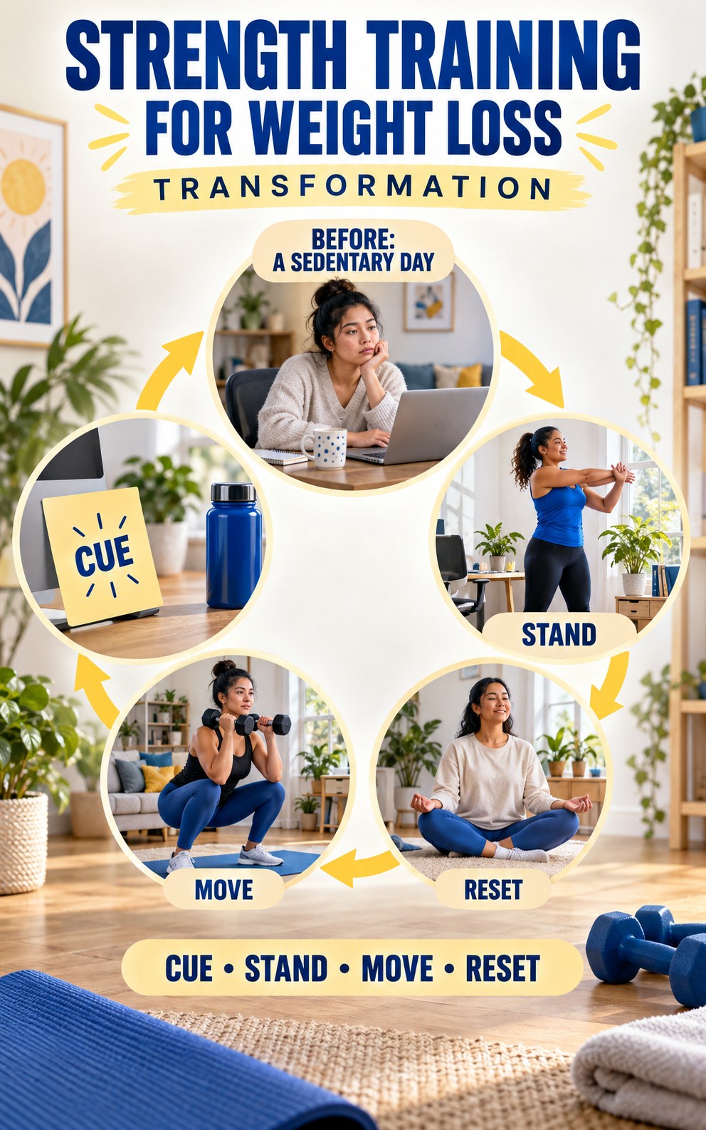 Strength Training for Weight Loss habit transformation graphic comparing a sedentary day with regular movement breaks using four practical steps.