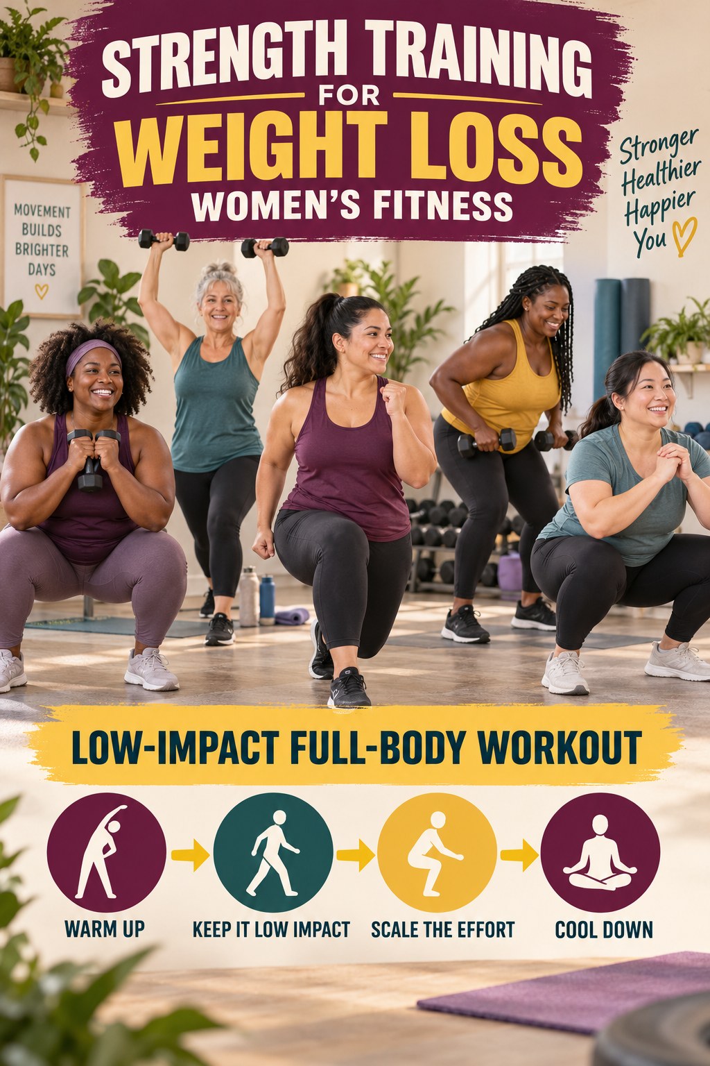 Strength Training for Weight Loss women’s fitness graphic titled Low-Impact Full-Body Workout with four practical training prompts.