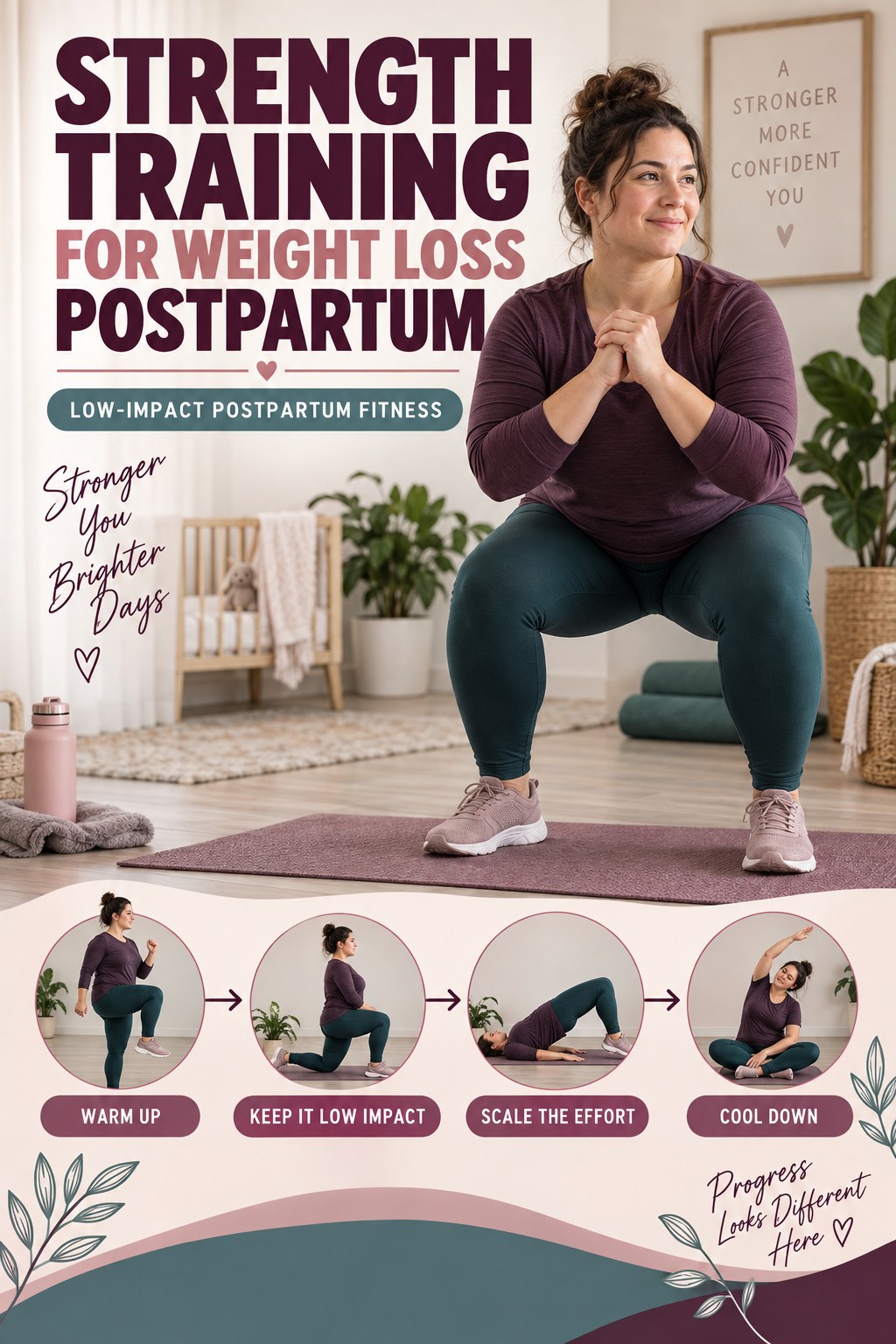 Strength Training for Weight Loss postpartum graphic titled Low-Impact Postpartum Fitness with four gradual recovery-aware prompts.