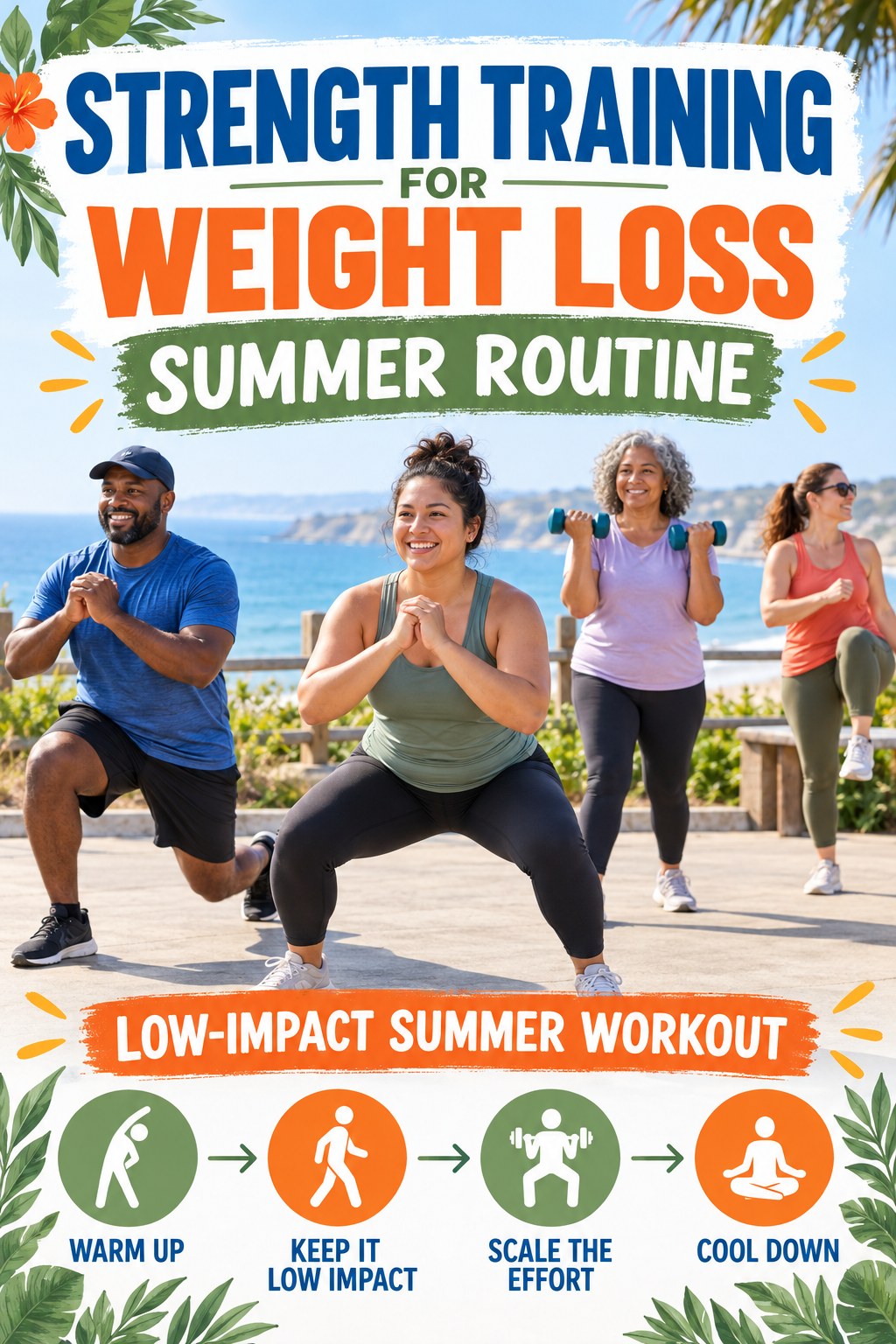 Strength Training for Weight Loss summer routine graphic titled Low-Impact Summer Workout with four practical wellness prompts.