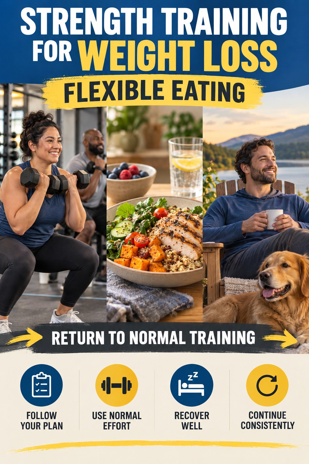 Strength Training for Weight Loss flexible eating graphic titled Return to Normal Training with four practical balance prompts.
