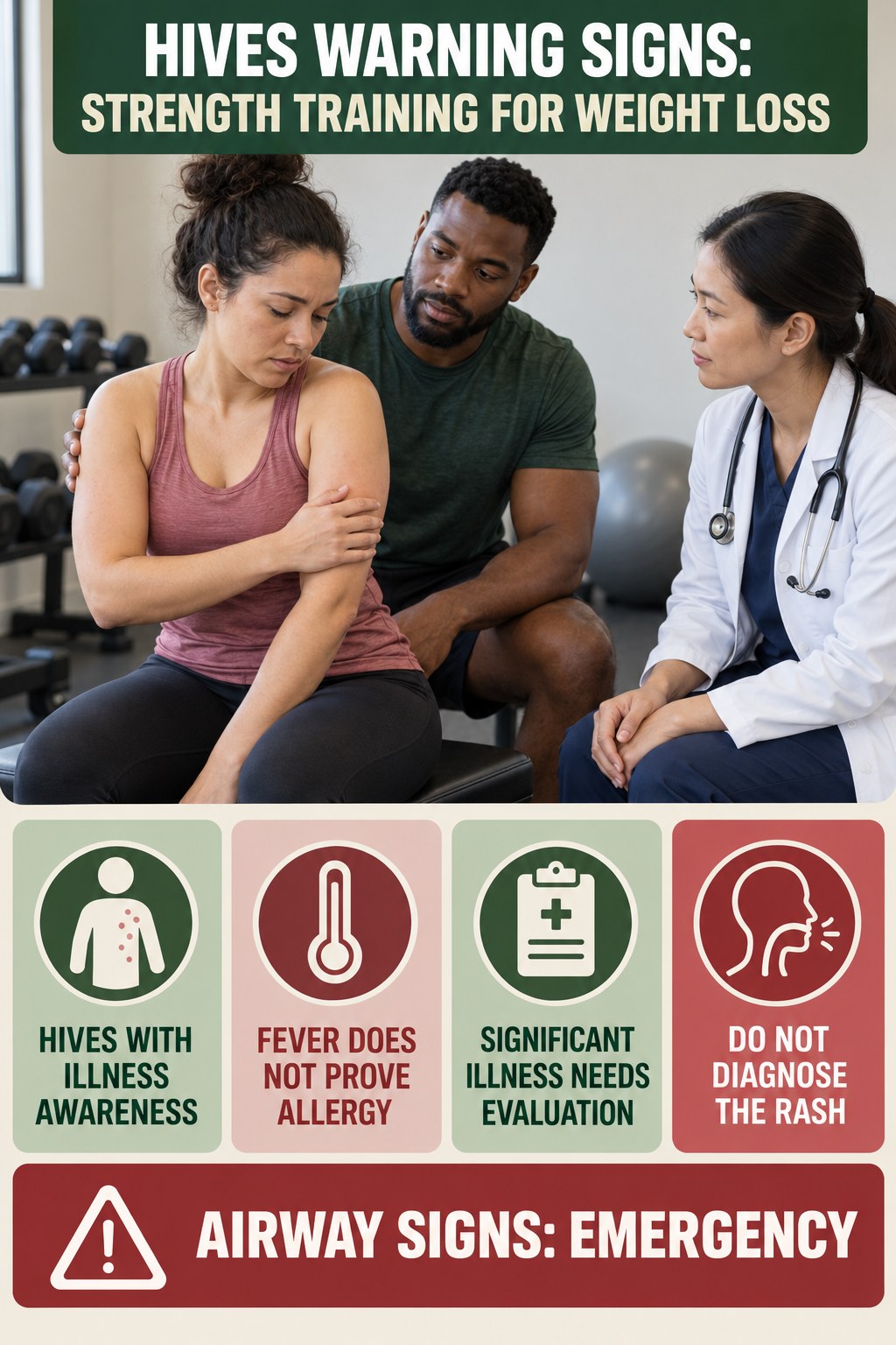 Hives with Illness Awareness infographic for Strength Training for Weight Loss, highlighting urgent breathing, throat, swelling, fainting, and rapid-progression warning signs without diagnosing hives.