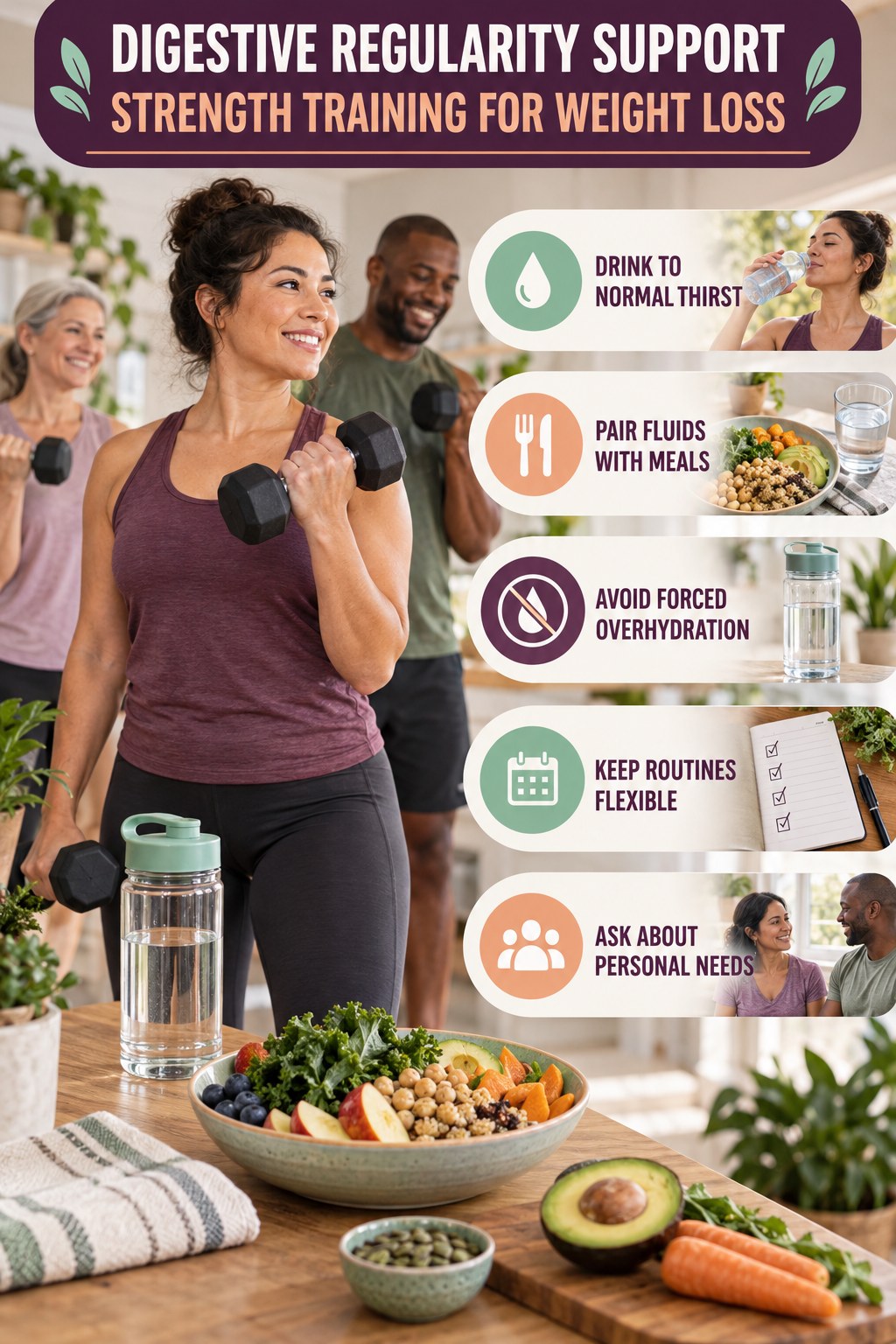 Hydration and Routine Support infographic for Strength Training for Weight Loss with five practical food, hydration, movement, or routine actions and no cleanse claims.