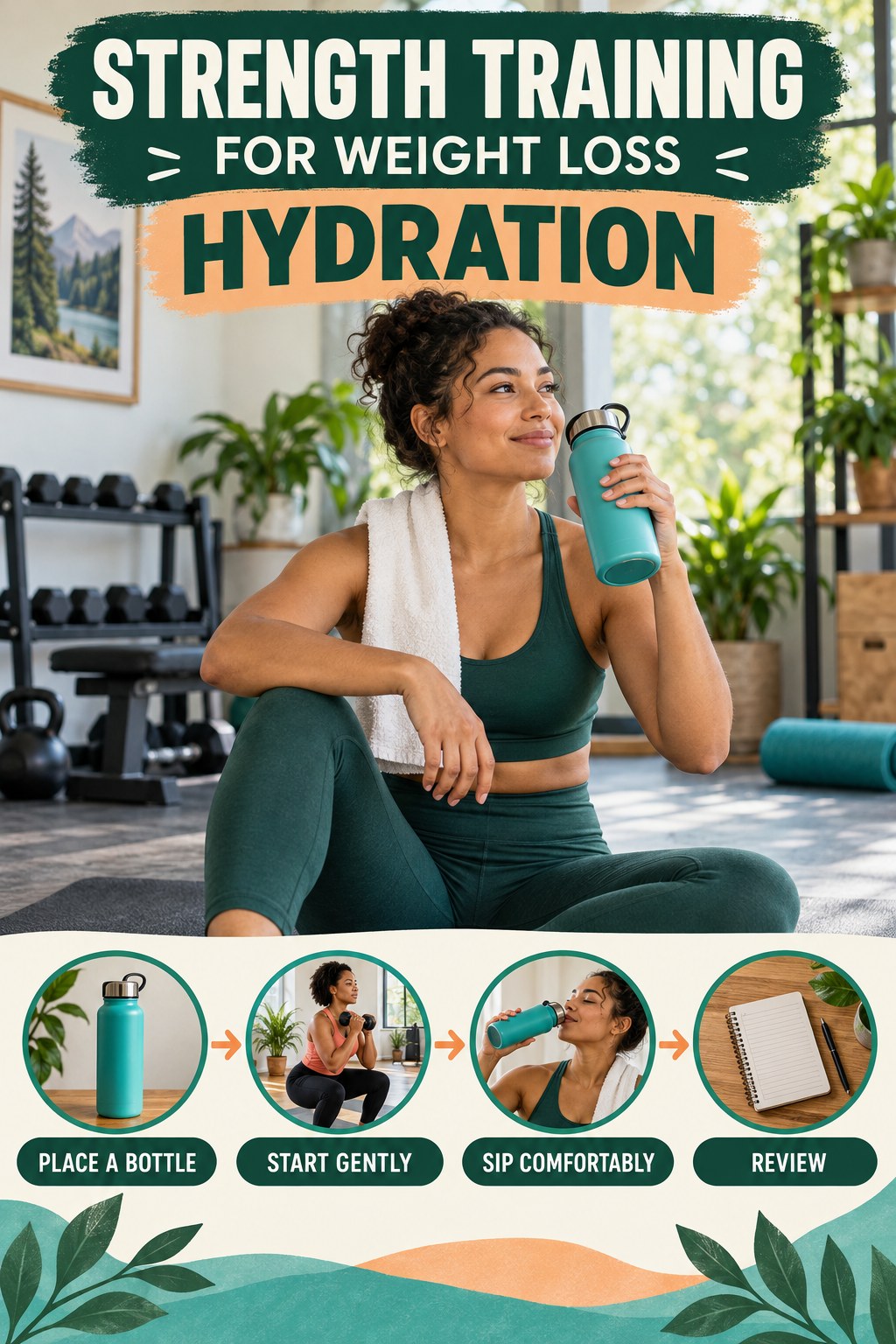 Strength Training for Weight Loss hydration graphic titled Beginner Movement Water Habit with four flexible water-habit prompts and no fixed intake target.