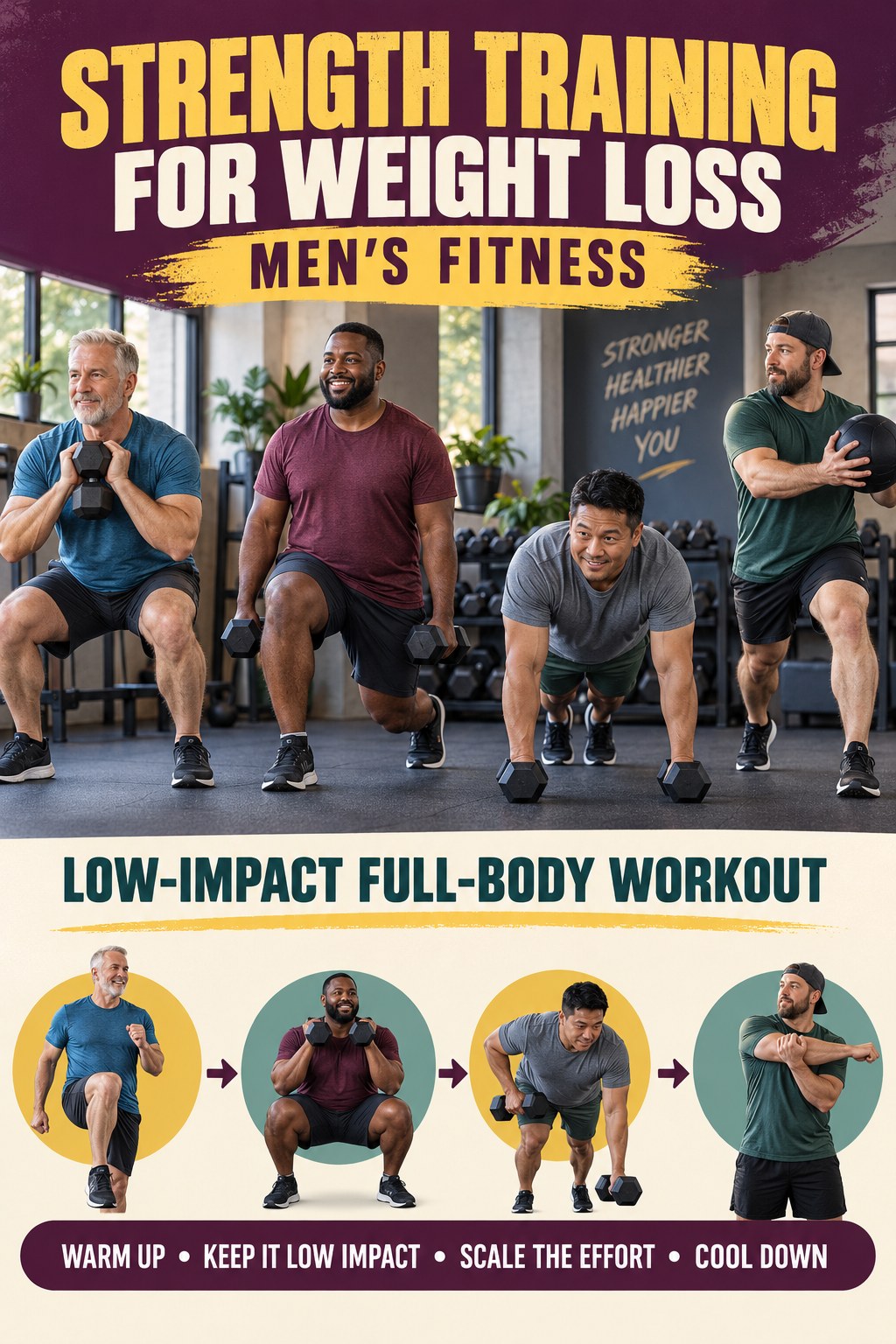 Strength Training for Weight Loss men’s fitness graphic titled Low-Impact Full-Body Workout with four practical training prompts.