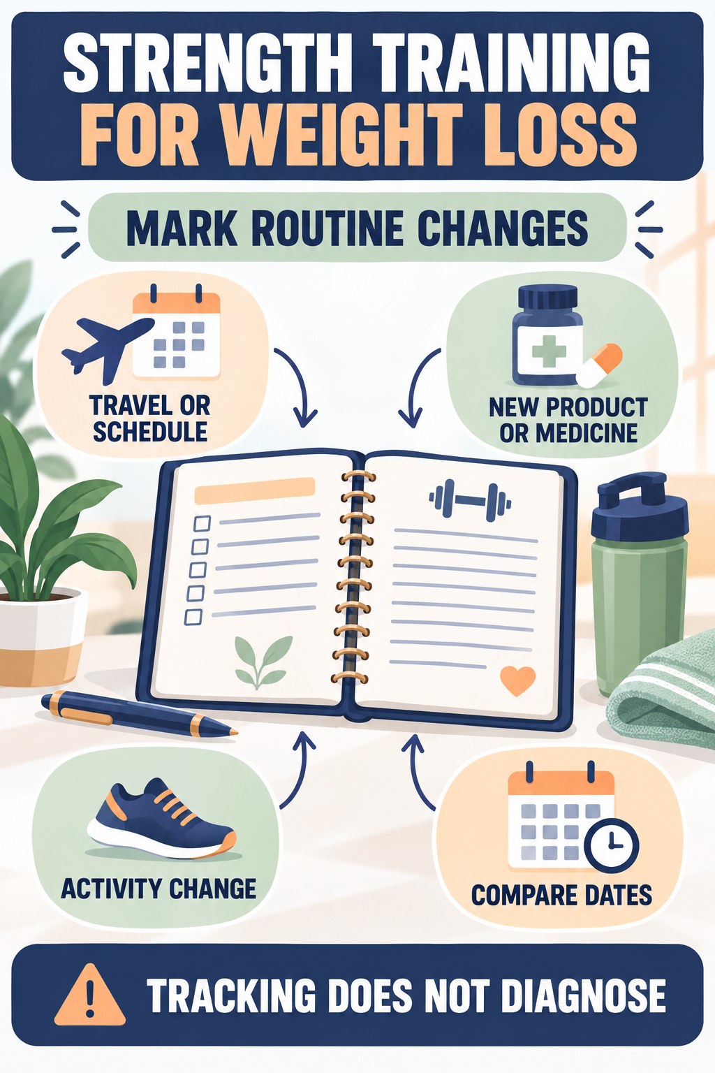 Notice Changes After a Routine Shift urinary symptom tracking infographic for Strength Training for Weight Loss with four practical diary points and a non-diagnostic reminder.