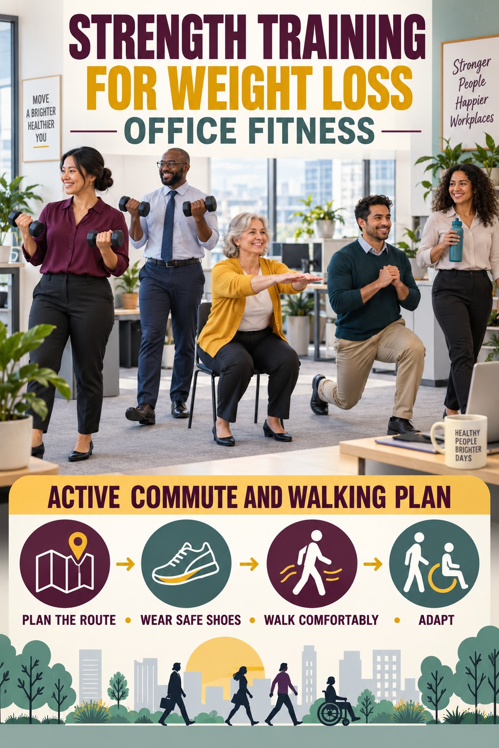 Strength Training for Weight Loss office-fitness graphic titled Active Commute and Walking Plan with four practical workday movement prompts.