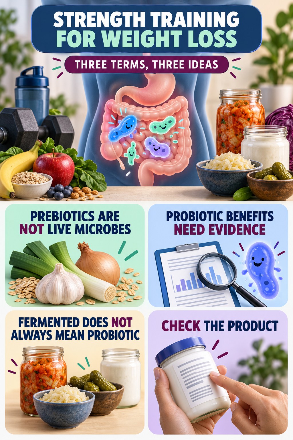 Prebiotics, Probiotics, and Fermented Foods educational infographic for Strength Training for Weight Loss with four evidence-aware points.