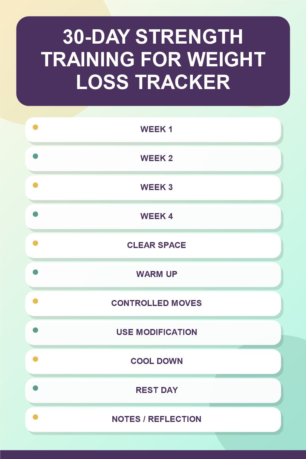 30-Day Strength Training for Weight Loss printable-style tracker graphic with six labeled rows, empty checkboxes, and a reflection area.