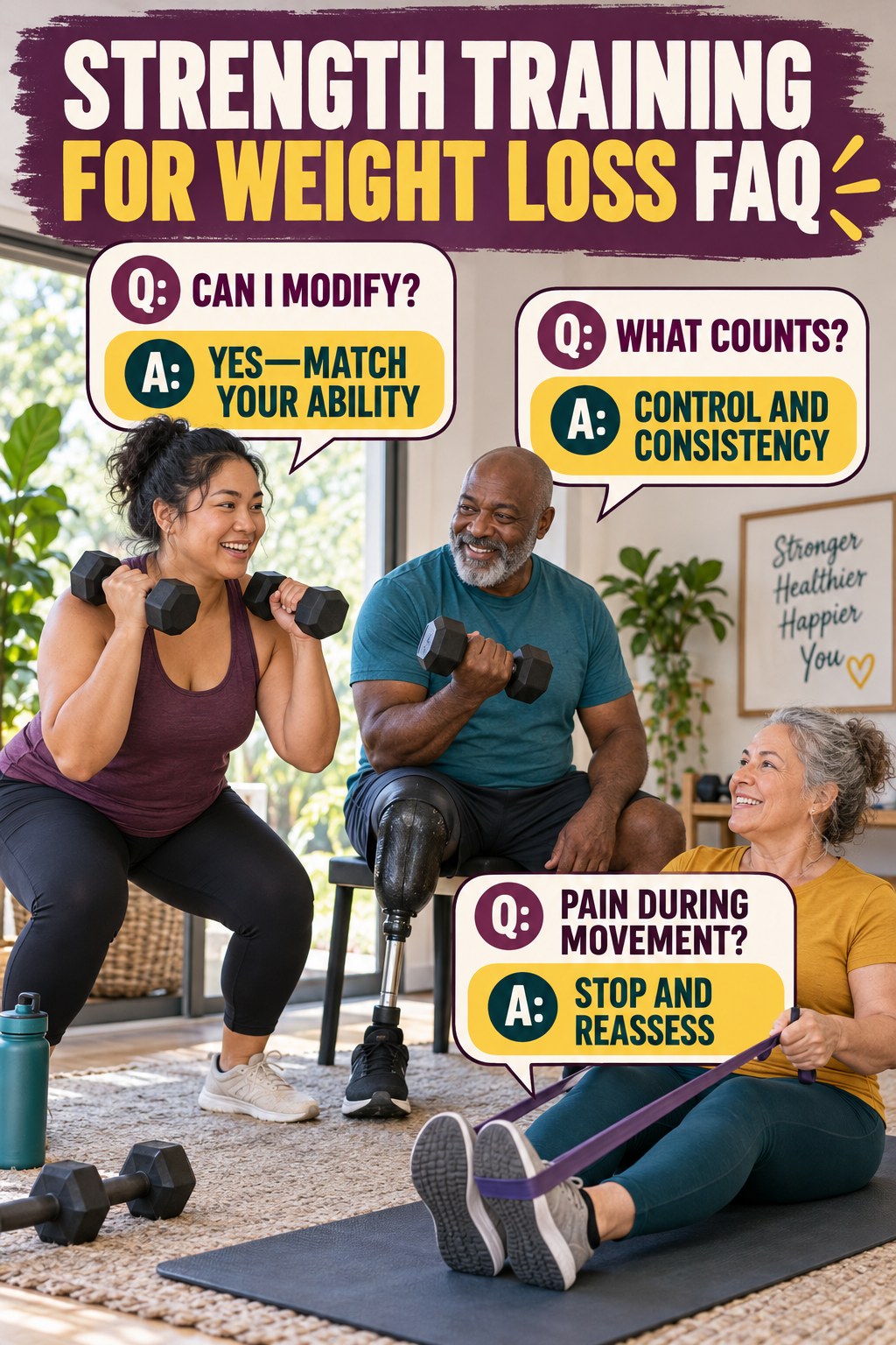 Strength Training for Weight Loss FAQ graphic with three concise questions and practical answers for beginners.