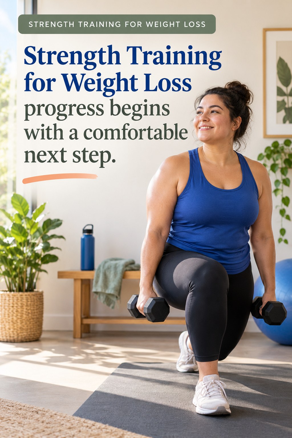Original Strength Training for Weight Loss quote graphic reading “Strength Training for Weight Loss progress begins with a comfortable next step.” in a board-relevant editorial design.