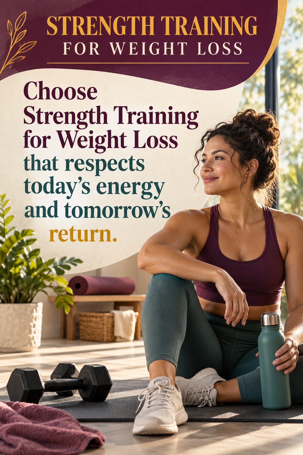 Original Strength Training for Weight Loss quote graphic reading “Choose Strength Training for Weight Loss that respects today's energy and tomorrow's return.” in a board-relevant editorial design.